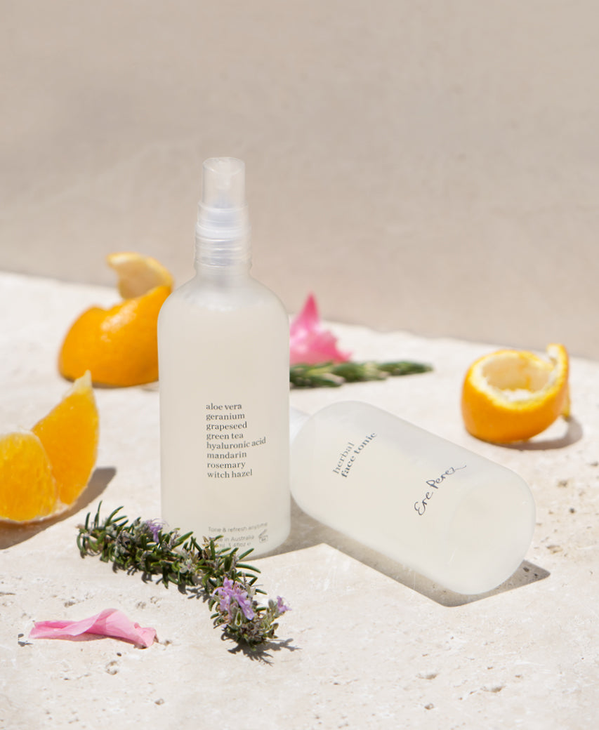 bottles of vegan herbal face tonic Ere Perez