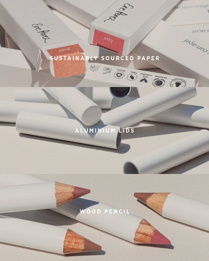 Pencils with aluminium lids and sustainably sourced paper packaging on a light background