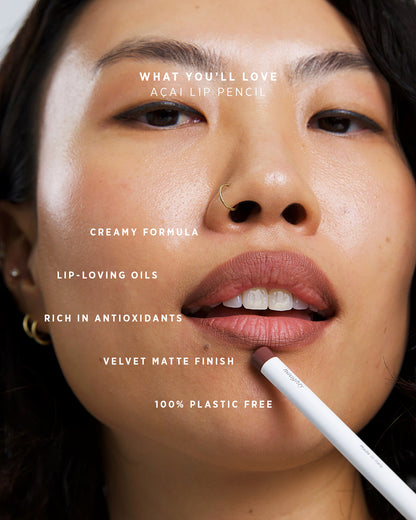 Woman applying a lip pencil with product features listed above her.