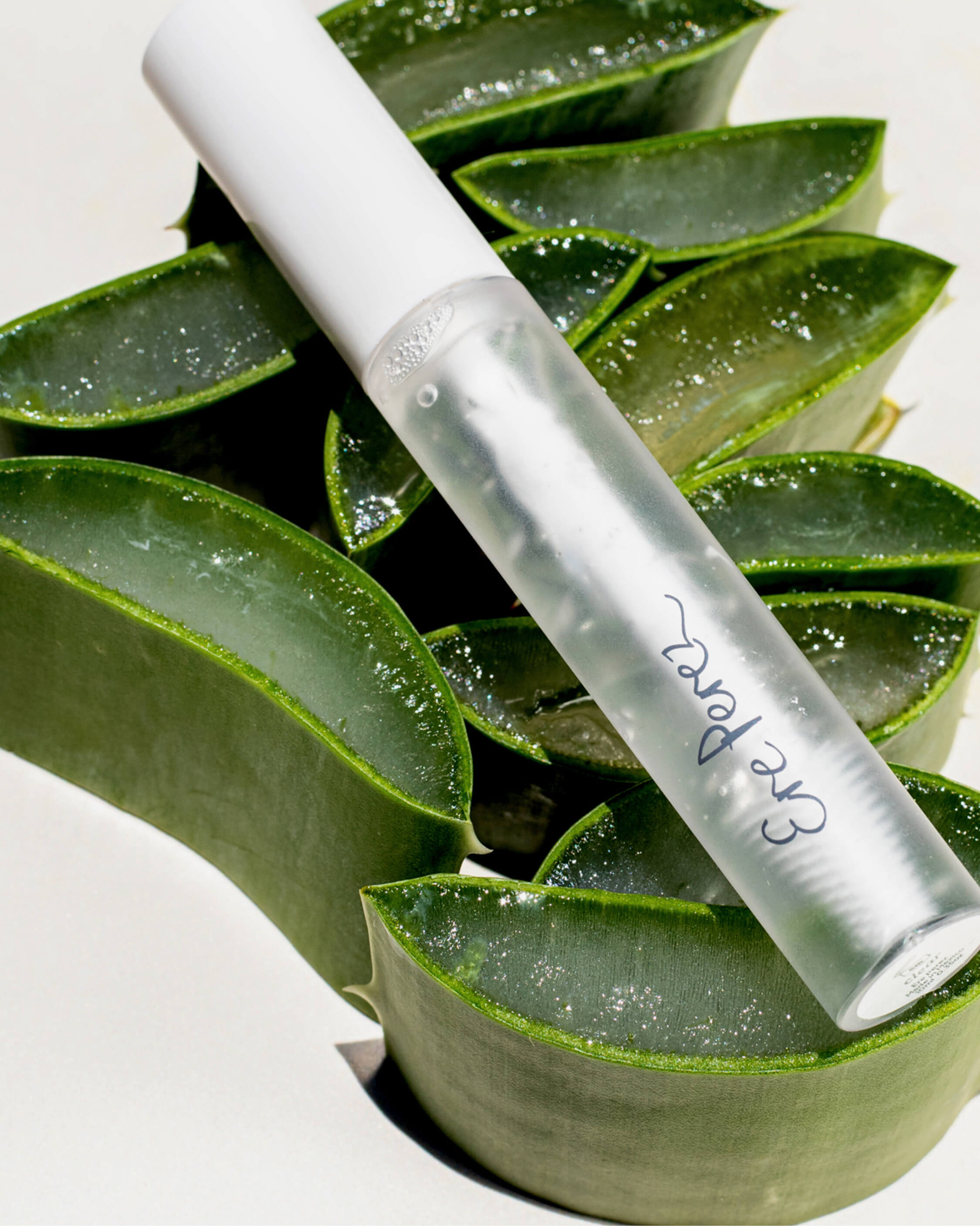 eco-friendly aloe gel lash & brow mascara by Ere Perez on slices of its star ingredient: aloe