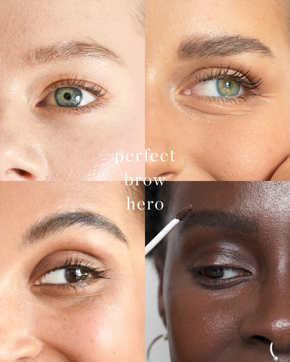 Sustainable brow gel with argan brow hero in the perfect shade applied on multiple skin tones all offering a full look