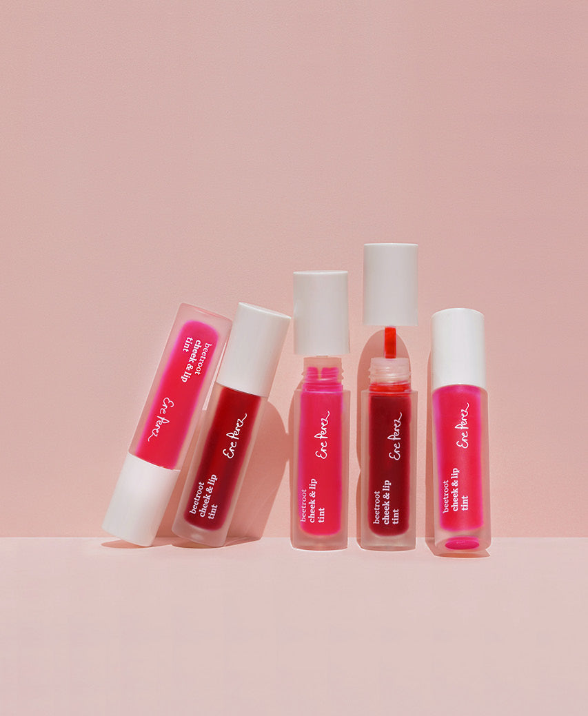 multiple Ere Perez natural & plastic free beetroot cheek & lip tint multi-use bottles, in various shades