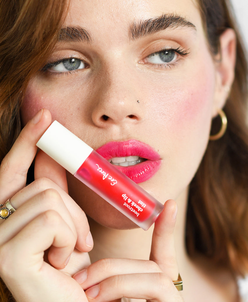 all-natural beetroot cheek & lip tint Ere Perez applied overall for colour with its vivid natural shade