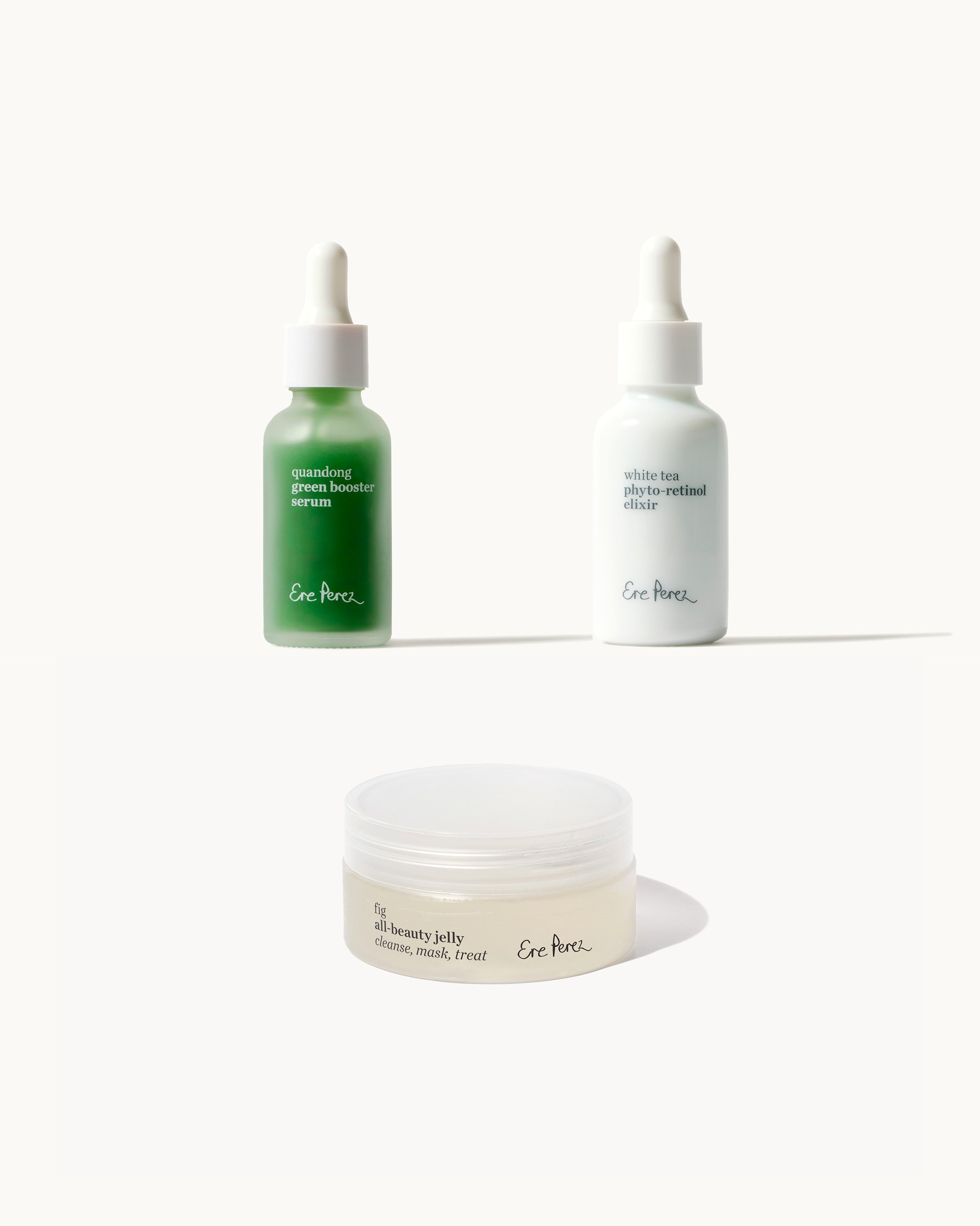 Clear skin set by Ere Perez, a combo with quandong green booster serum, white tea photo-retinol elixir & fig all-beauty jelly