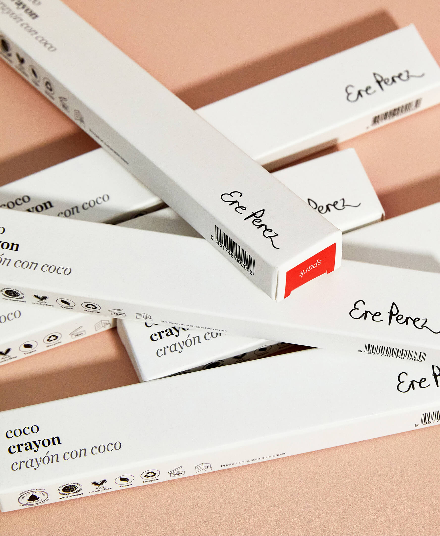 multiple eco-friendly coco crayons in their zero waste packaging by Ere Perez