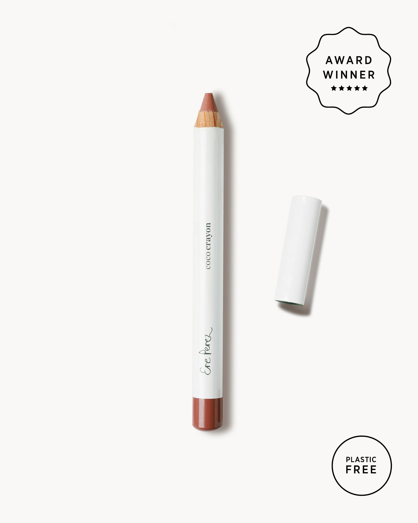 gentle moisturising coco crayon by Ere Perez applied on skin and in its waste-free crayon for a natural long-lasting colour