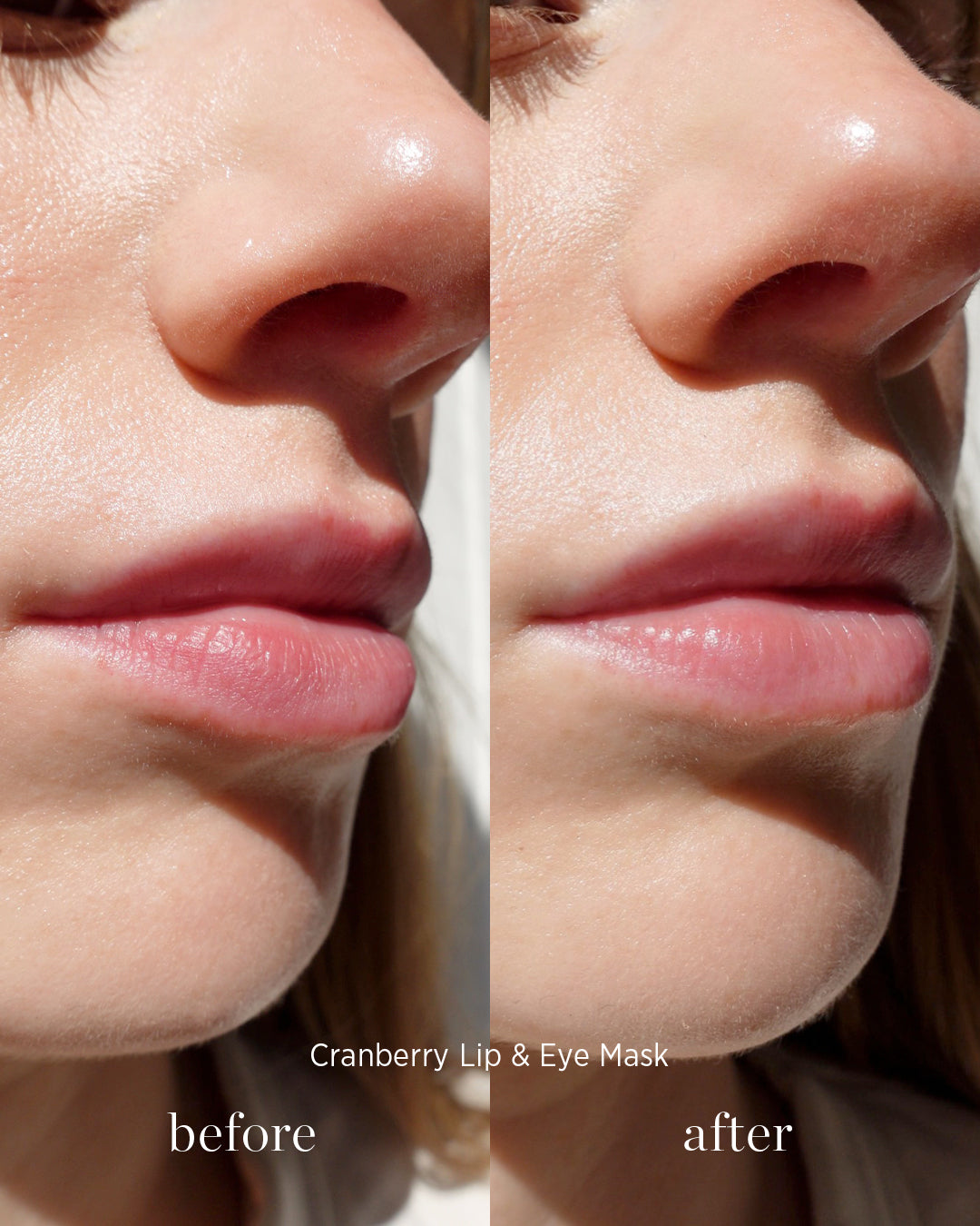 comparison before and after application of natural moisturising lip & eye mask by Ere Perez