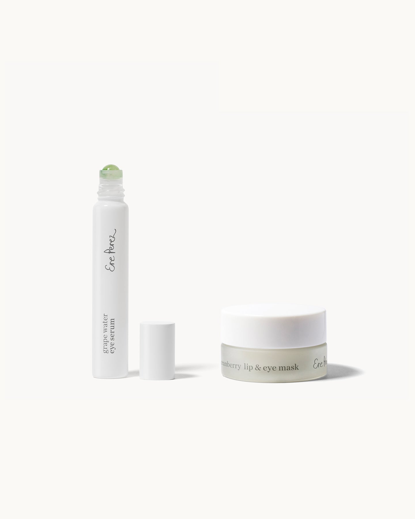 Ere Perez eye revival ritual, a combo of the natural grape water eye serum in its bottle and cranberry lip & eye mask
