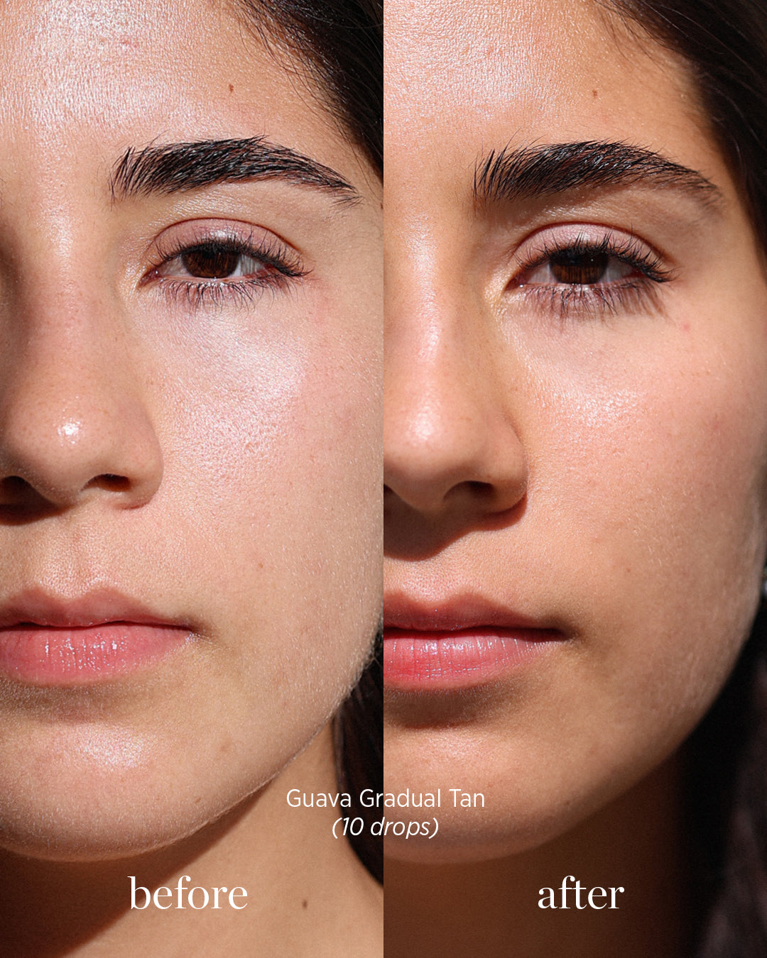 comparison after application on skin of 10 drops of eco-friendly guava gradual tan by Ere Perez