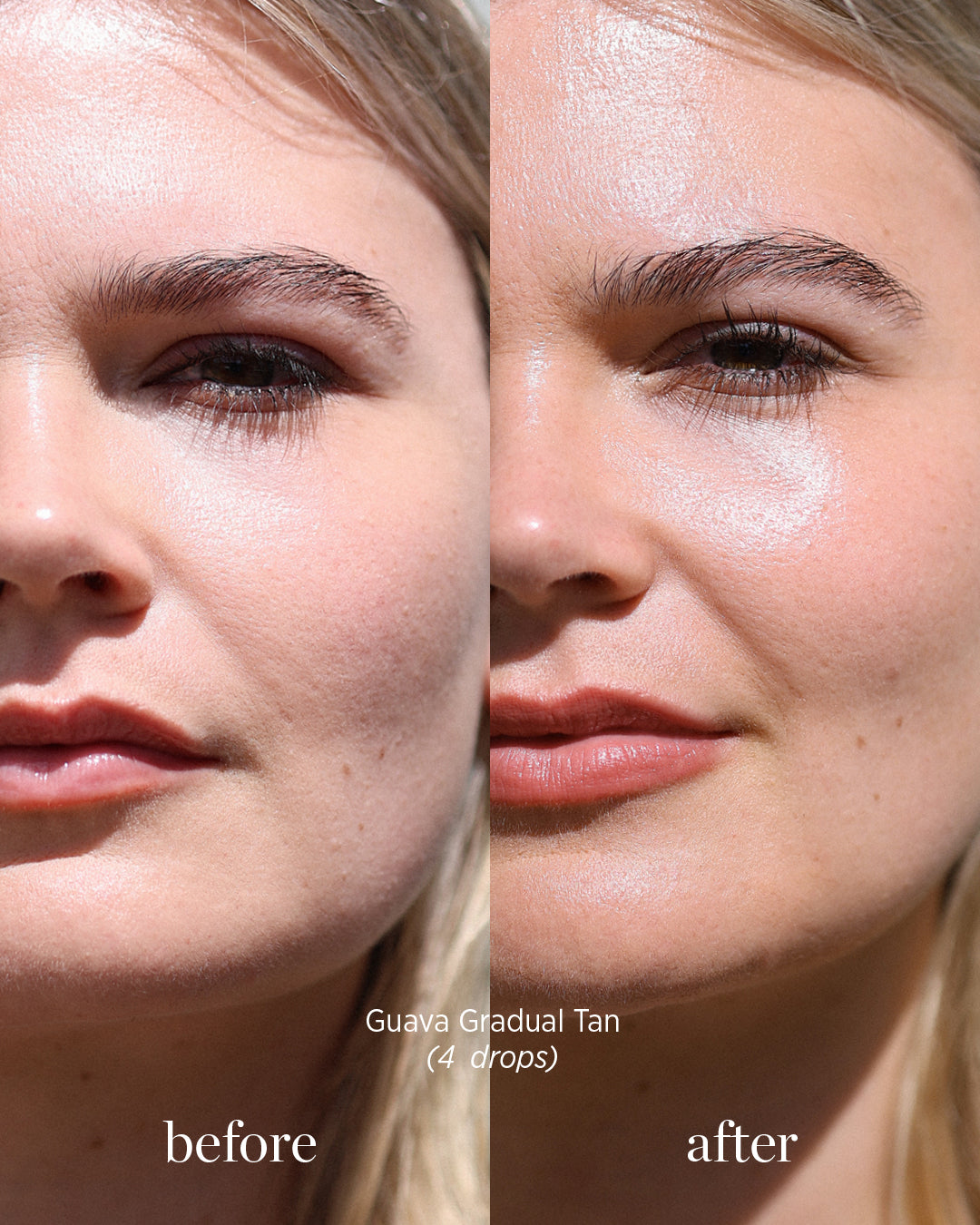 comparison after application on skin of 4 drops of organic guava gradual tan by Ere Perez