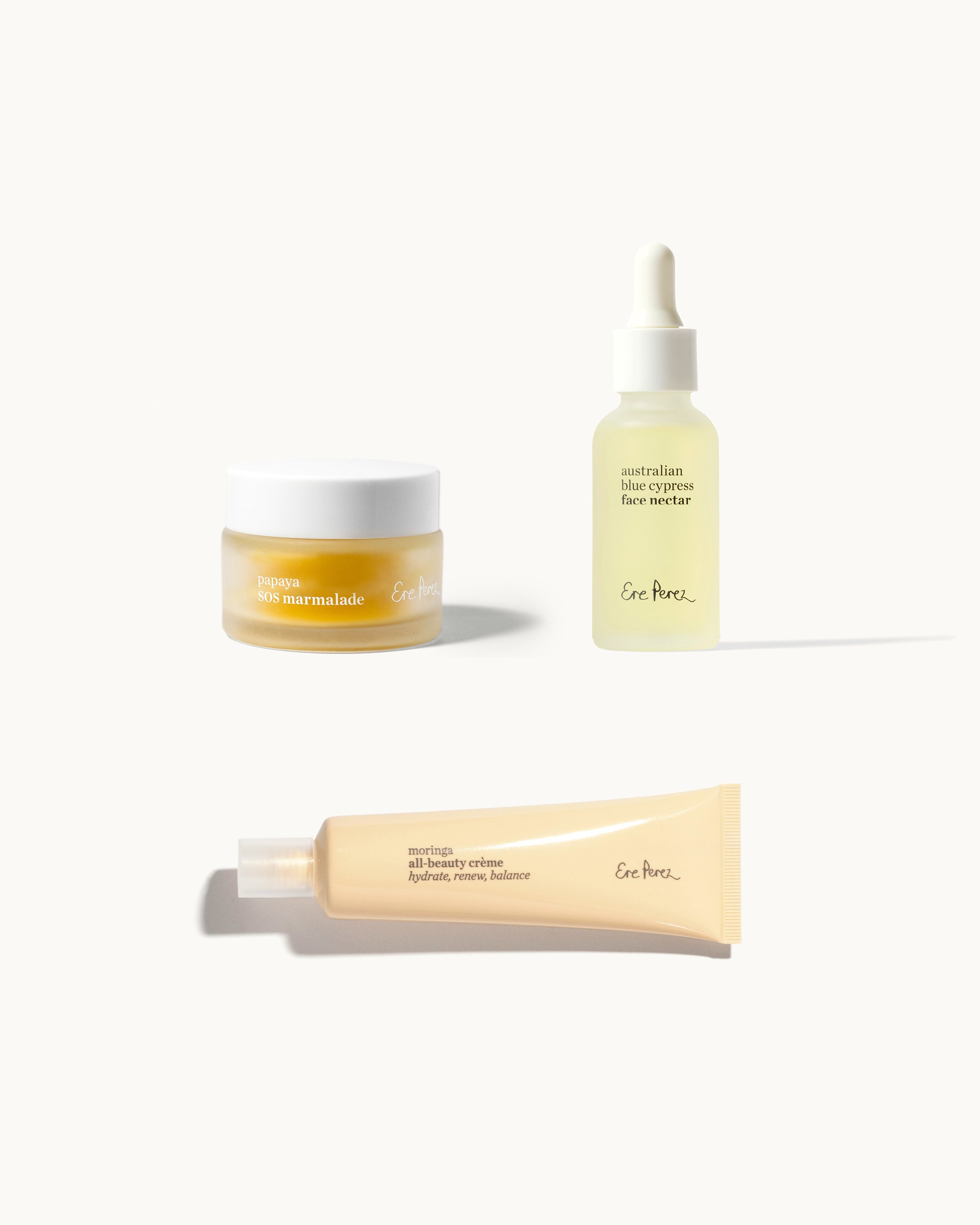 Hydration for him set by Ere Perez, with pot of papaya SOS marmalade, bottle Australian blue cypress face nectar & tube of moringa all-beauty creme