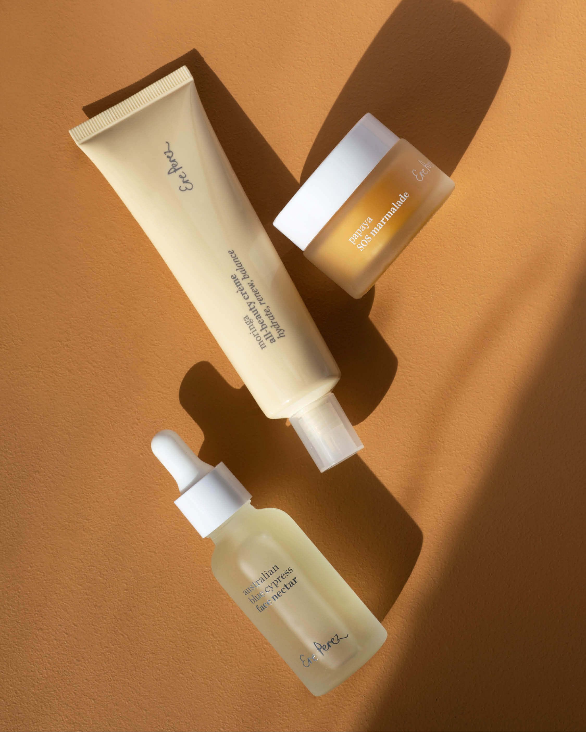 Hydration for him set by Ere Perez, with pot of papaya moisturiser, bottle Australian blue cypress oil & tube of moringa cream