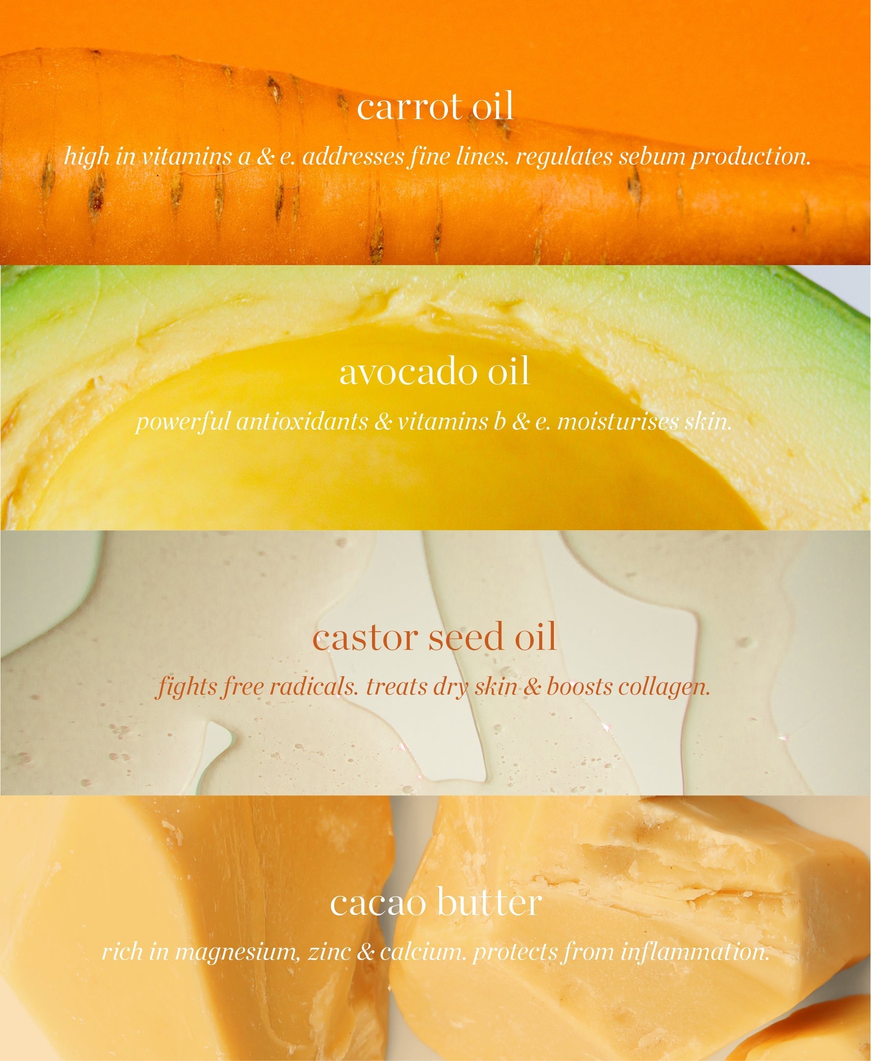 Natural main ingredients in carrot colour pot by Ere Perez and their benefits