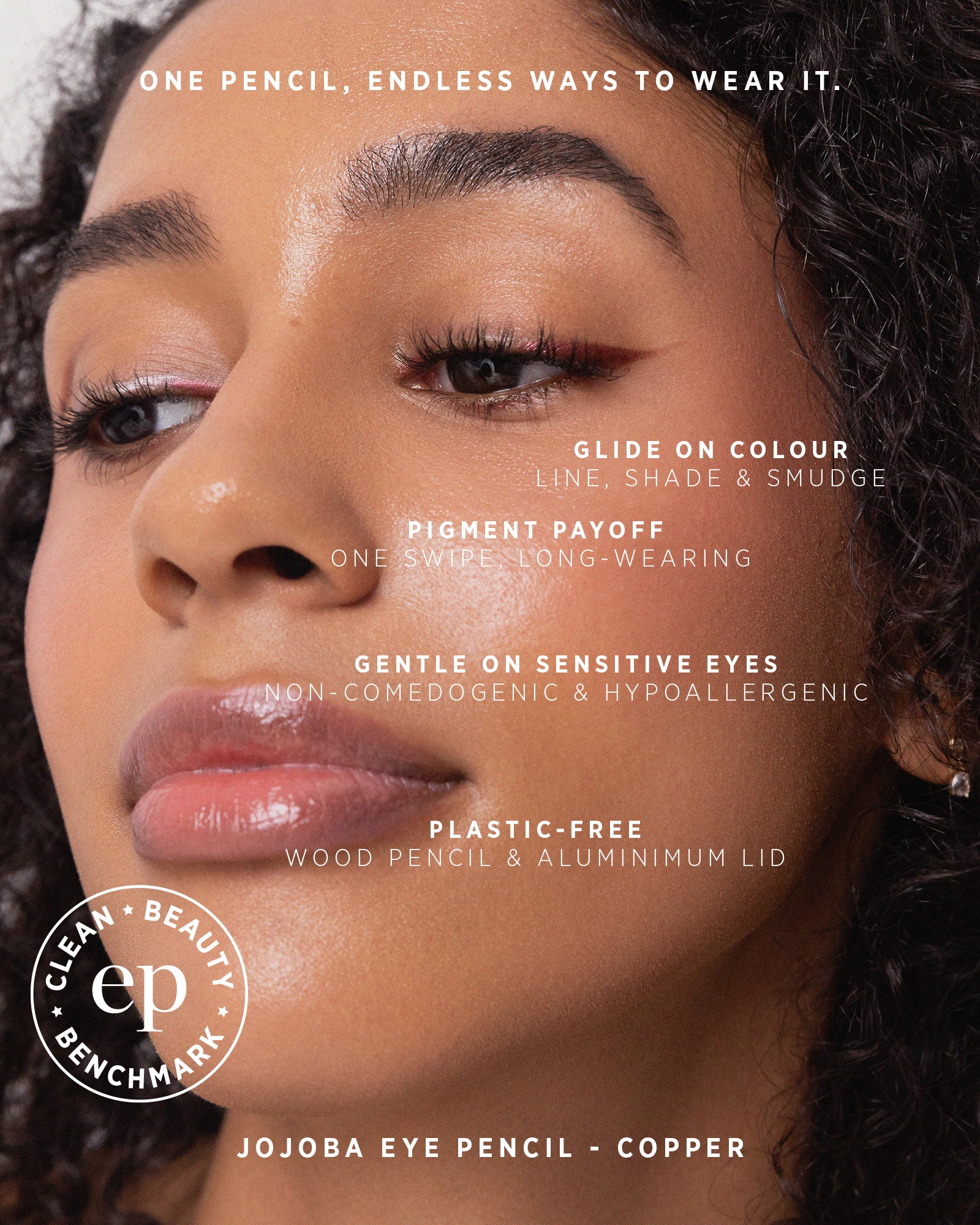 model wearing jojoba eye pencil Ere Perez with features of the pencil