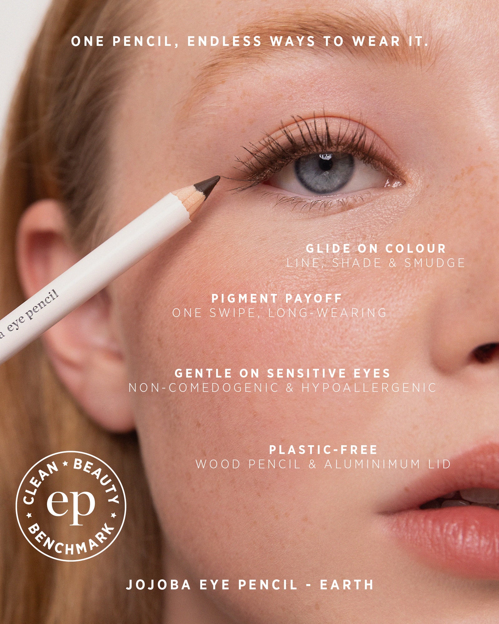 model wearing jojoba eye pencil Ere Perez with features of the pencil