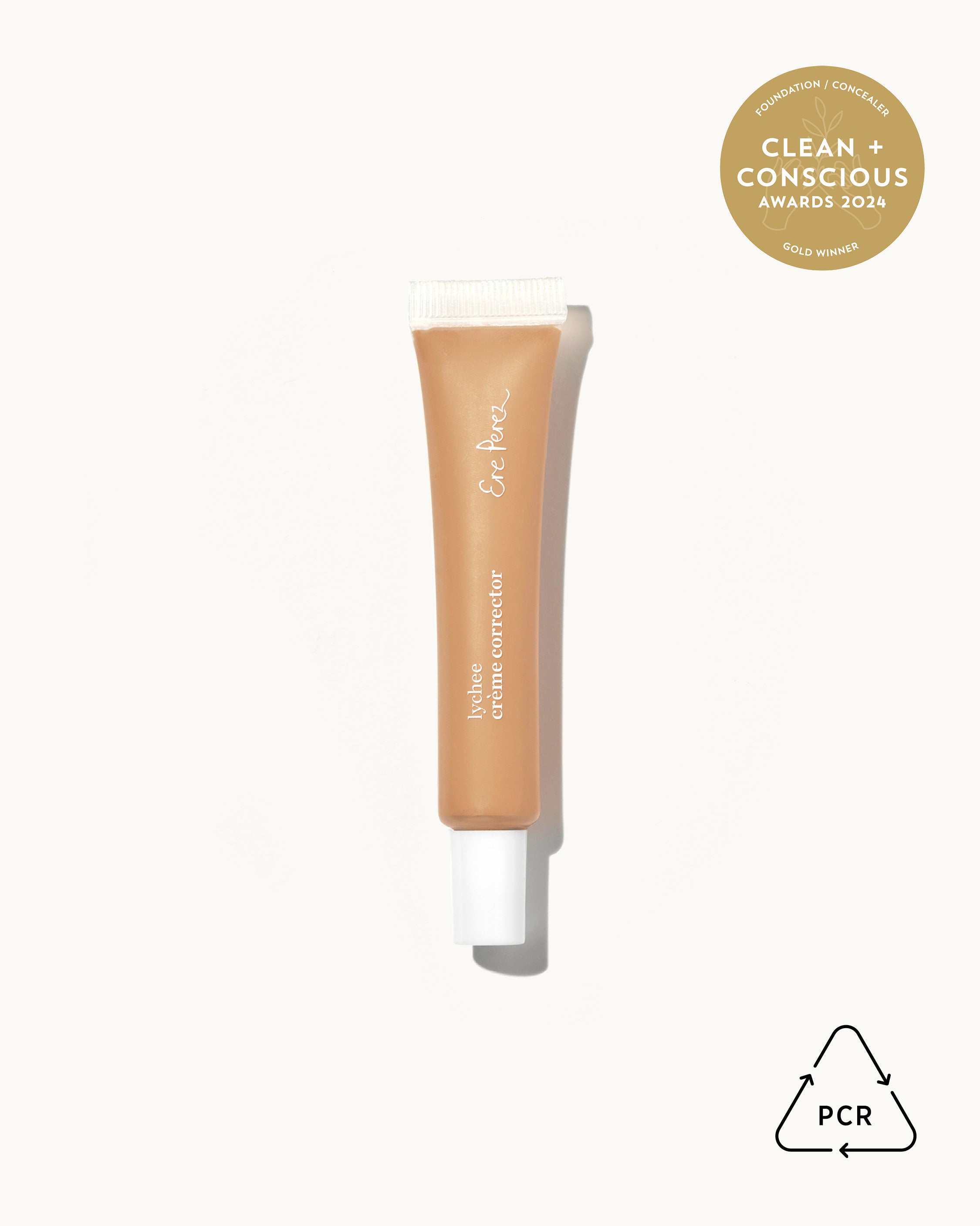 bottle of natural award-winning lychee creme corrector for bright skin with packaging made of sustainable PCR plastic