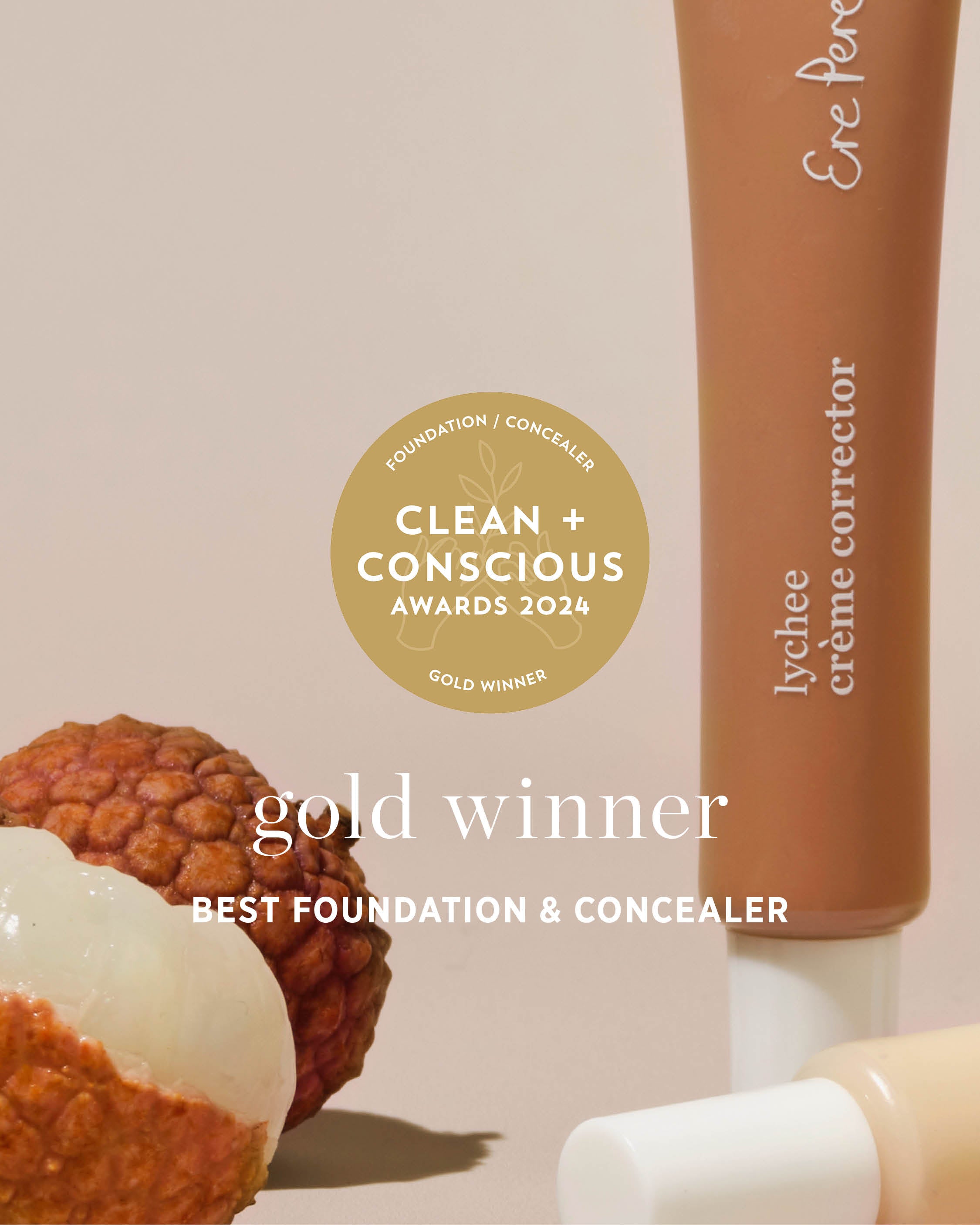 bottle of lychee creme corrector by Ere Perez, gold winner of the clean + conscious award 2024 for best foundation & concealer