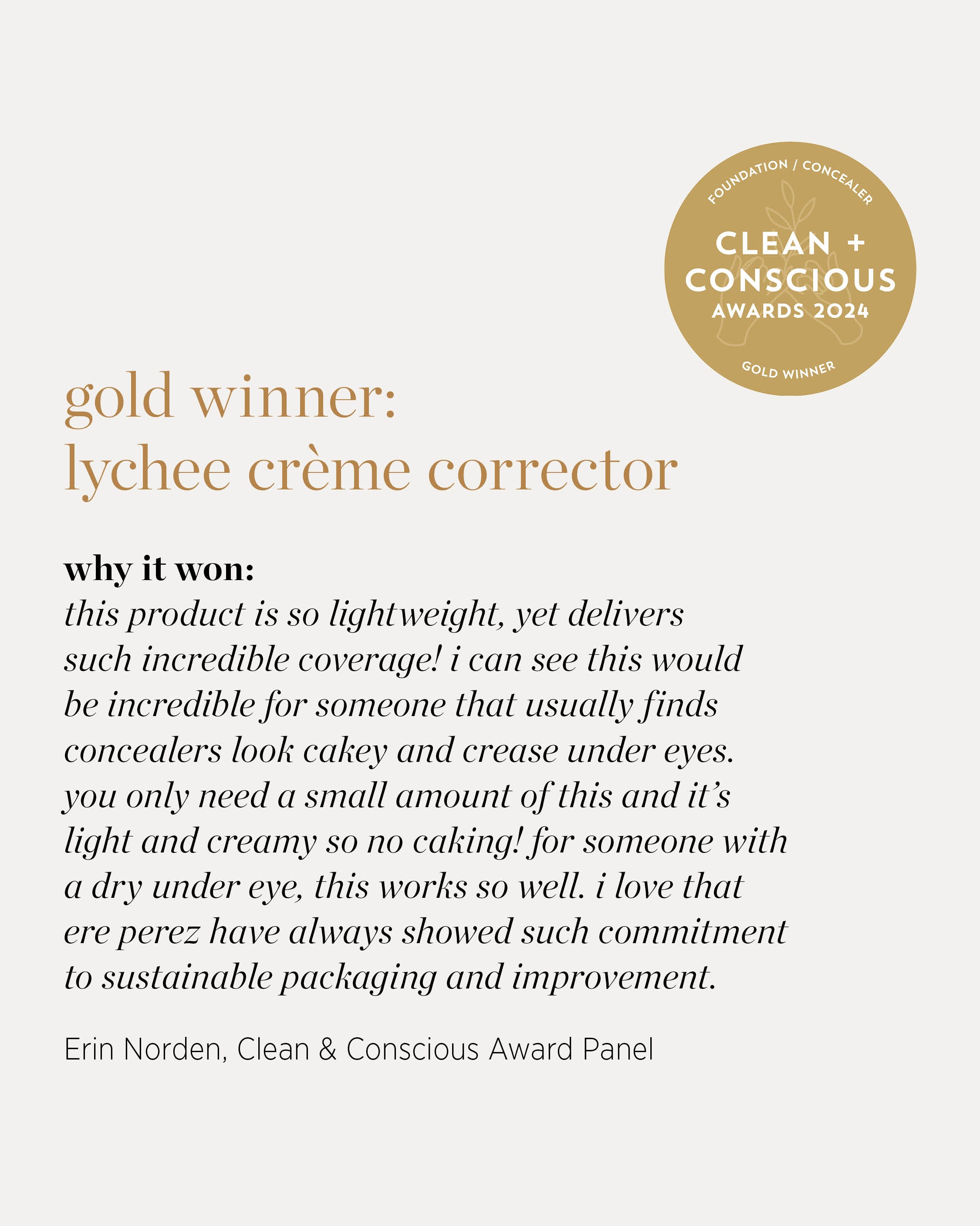 lychee creme corrector, gold winner of the clean + conscious awards 2024