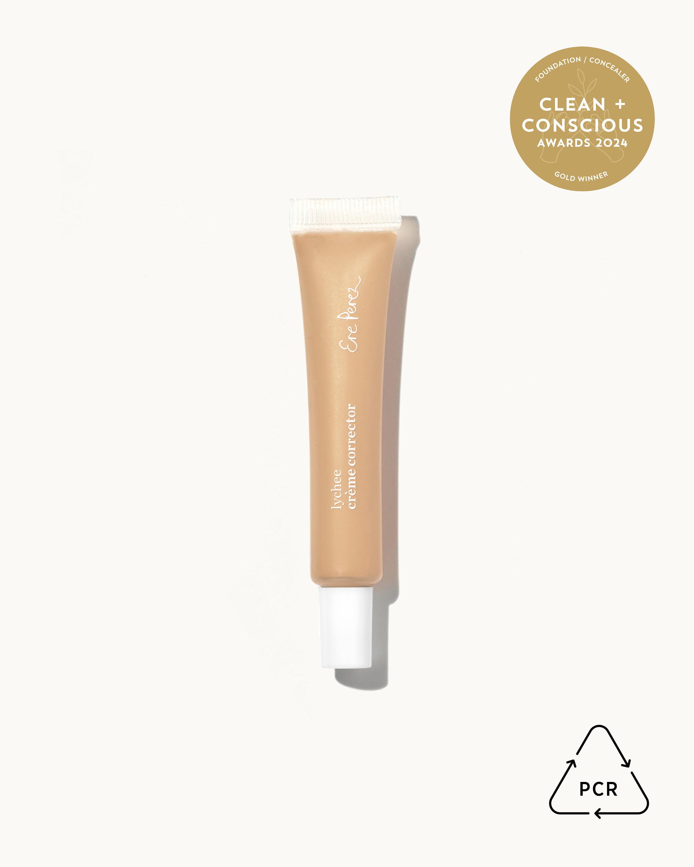 bottle of natural award-winning lychee creme corrector with packaging made of sustainable PCR plastic