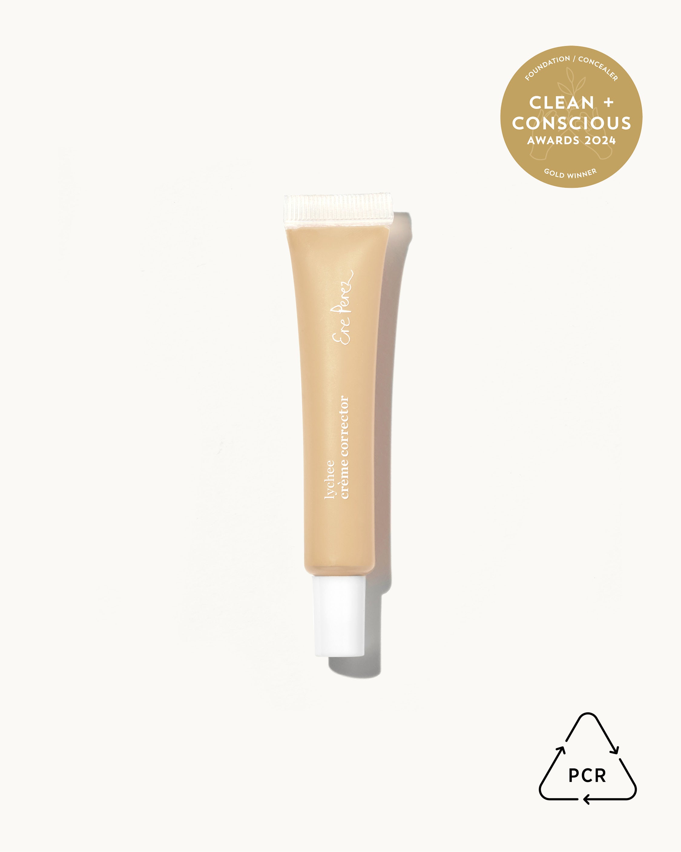 bottle of organic award-winning lychee creme corrector with packaging made of sustainable PCR plastic