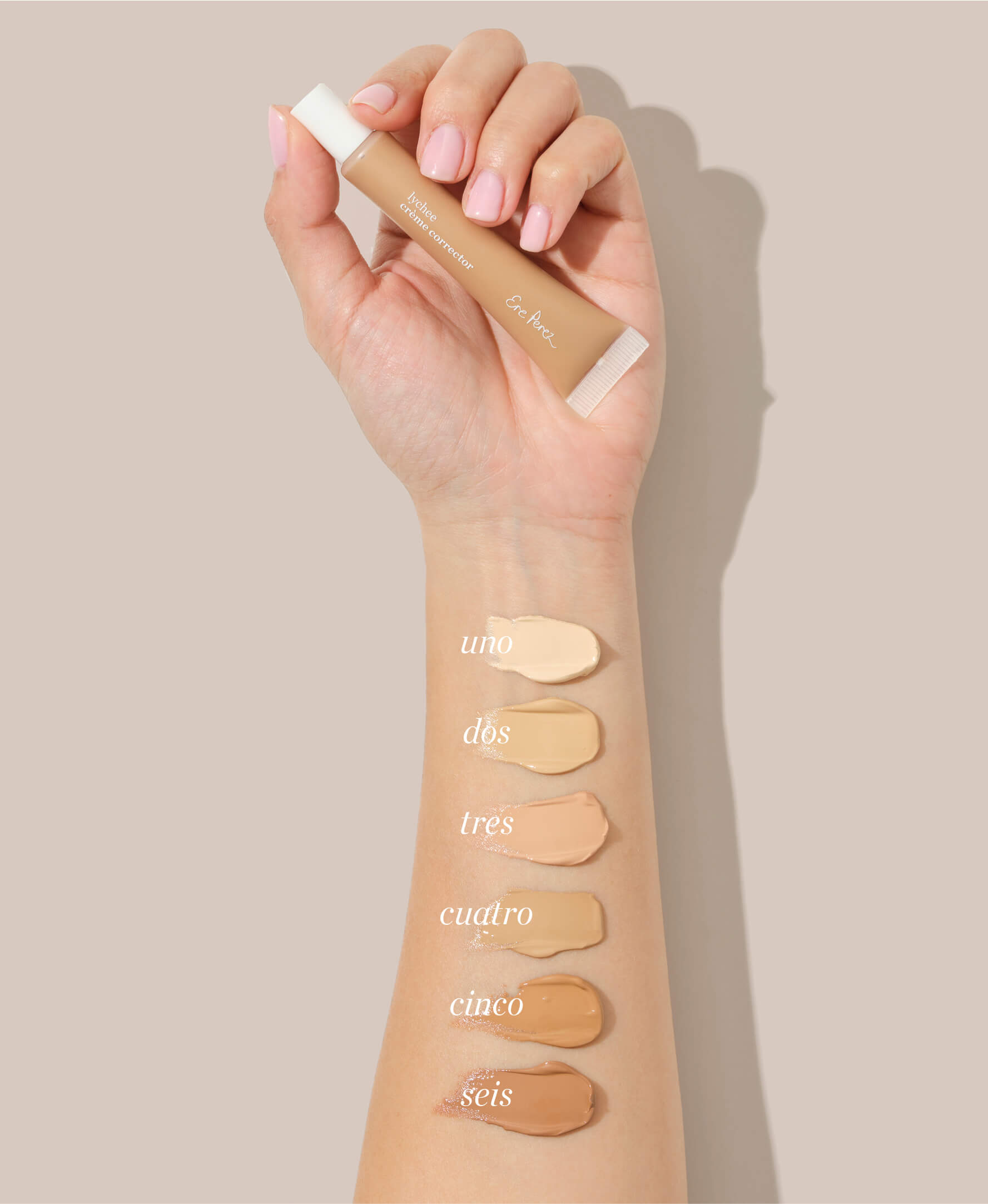Swatches on sensitive skin of different shades of lychee crème corrector by Ere Perez