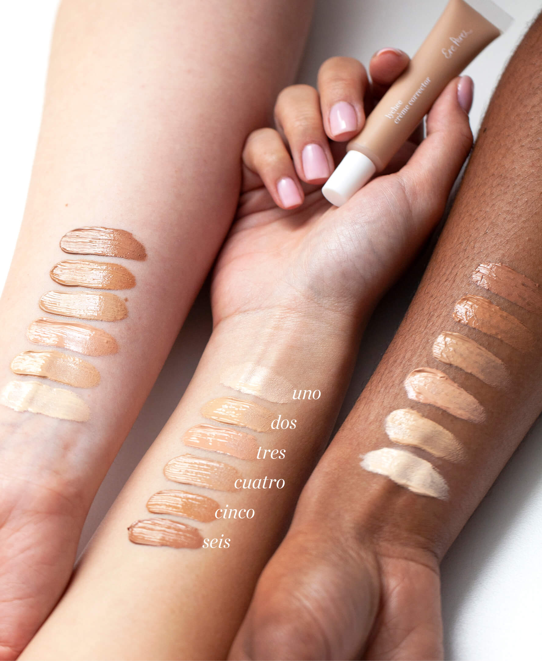 swatches on different skin tones of lychee creme corrector by Ere Perez