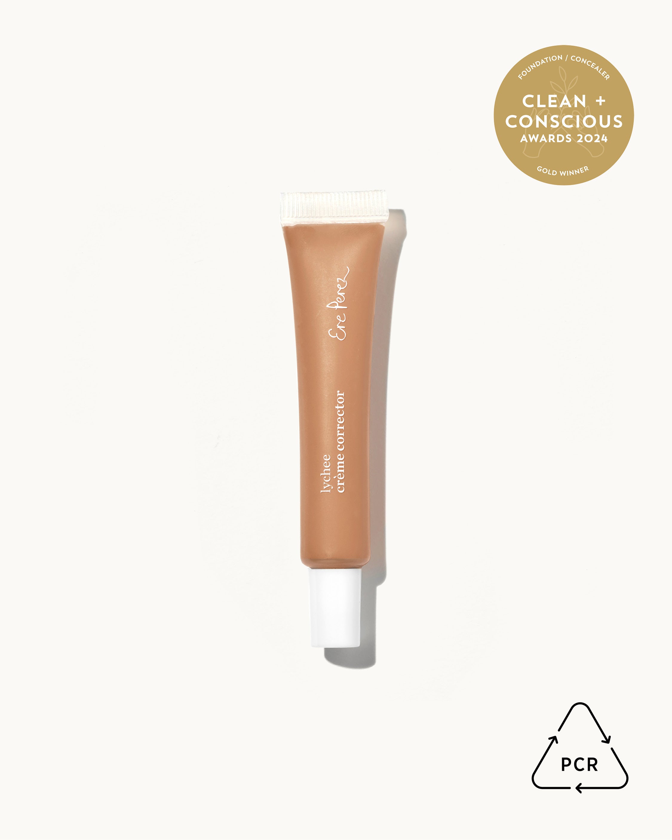 bottle of natural award-winning lychee creme corrector with packaging made of sustainable PCR plastic for a youthful look