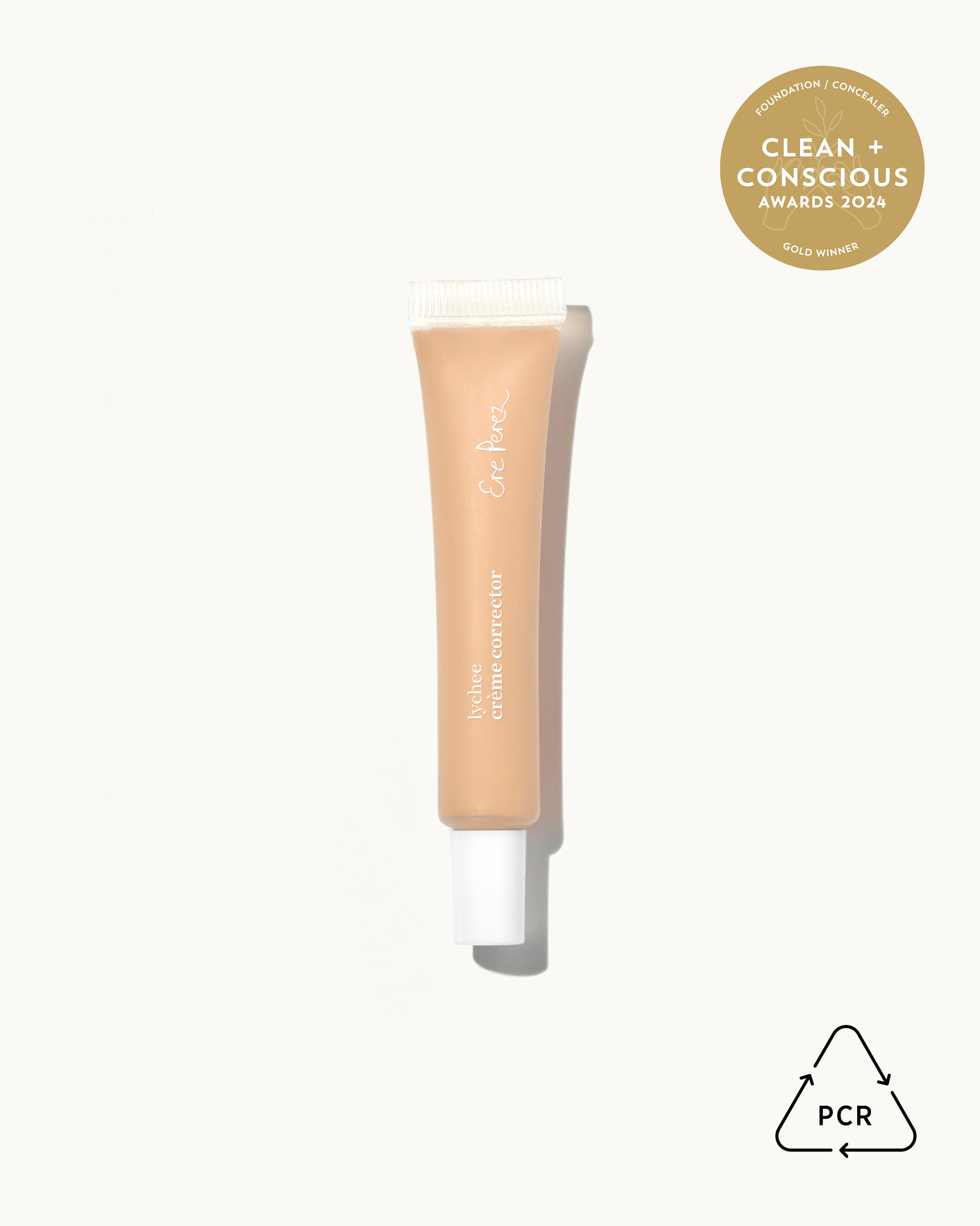 bottle of natural award-winning lychee creme corrector with packaging made of sustainable PCR plastic