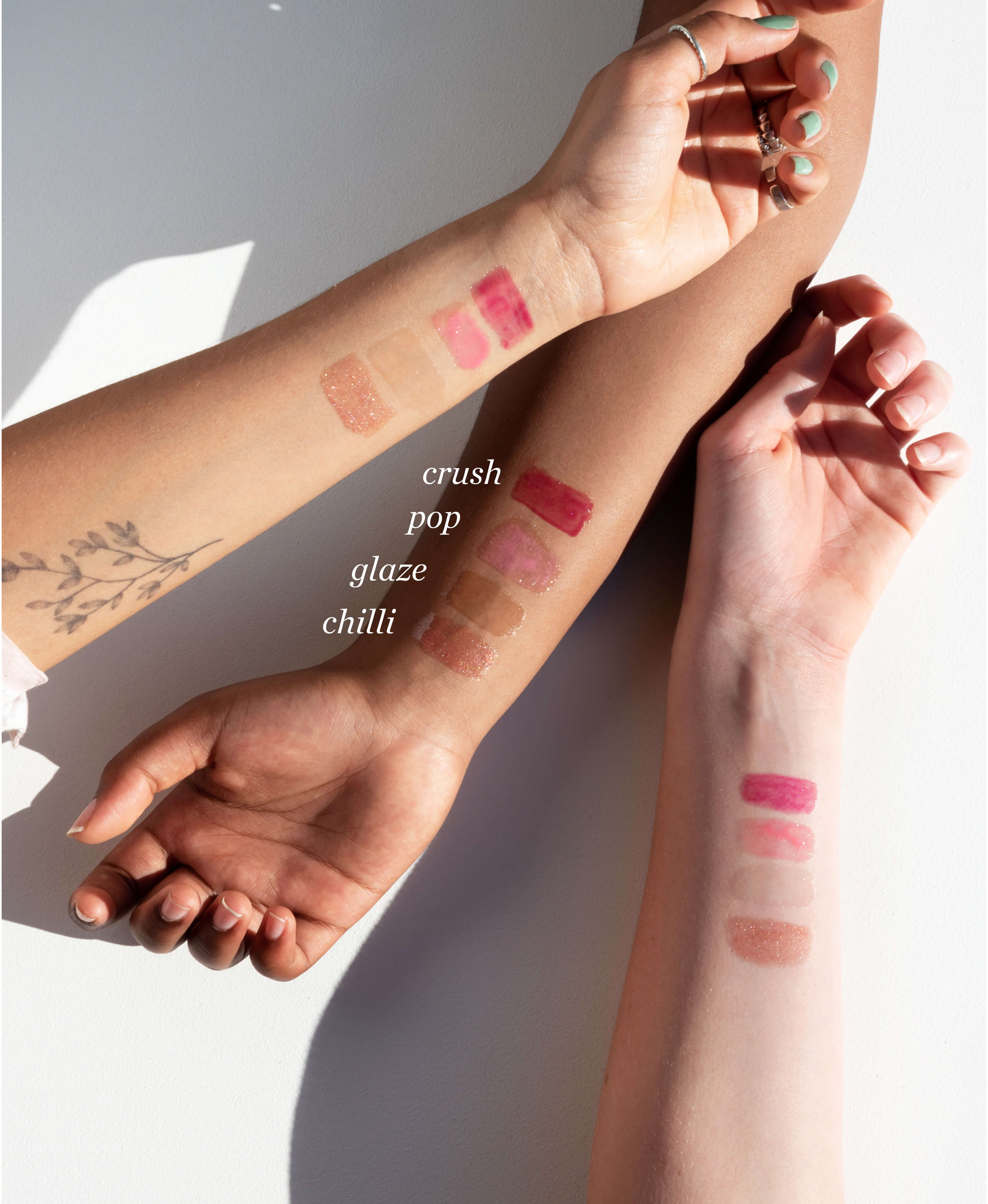 swatches in different shades of natural mango lip honey by Ere Perez applied on different skin tones