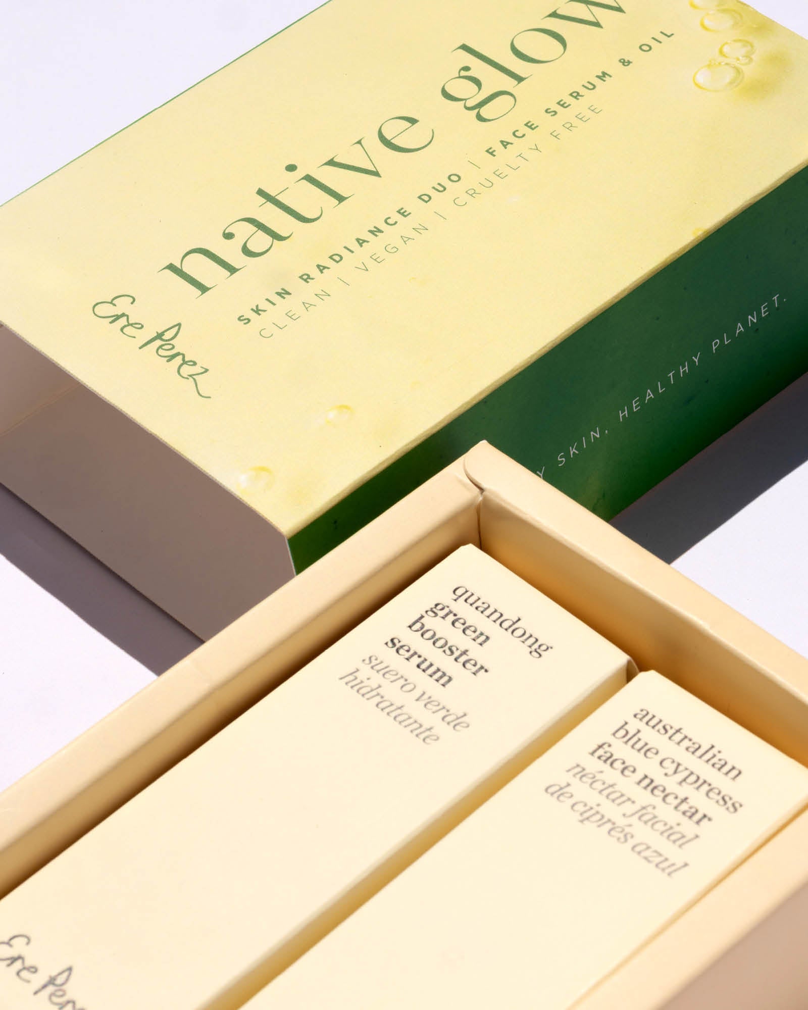 Native Glow skincare product set with packaging on a light background