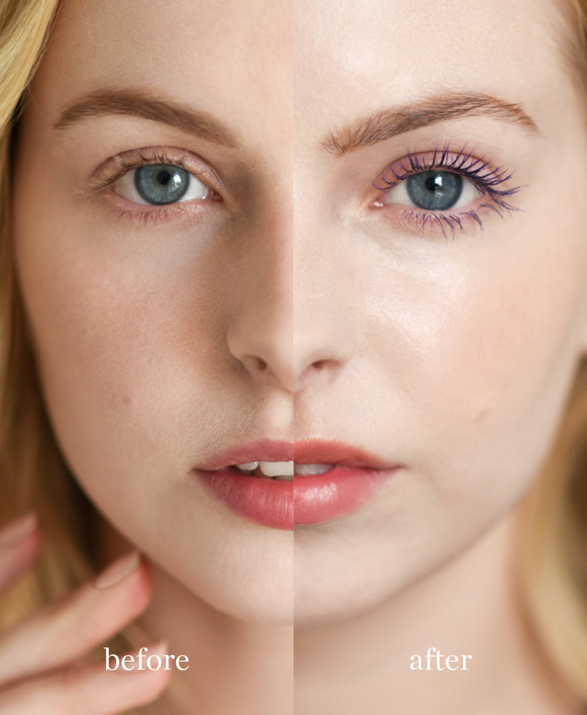 comparison after application of natural almond mascara by Ere Perez for a lifted bold look