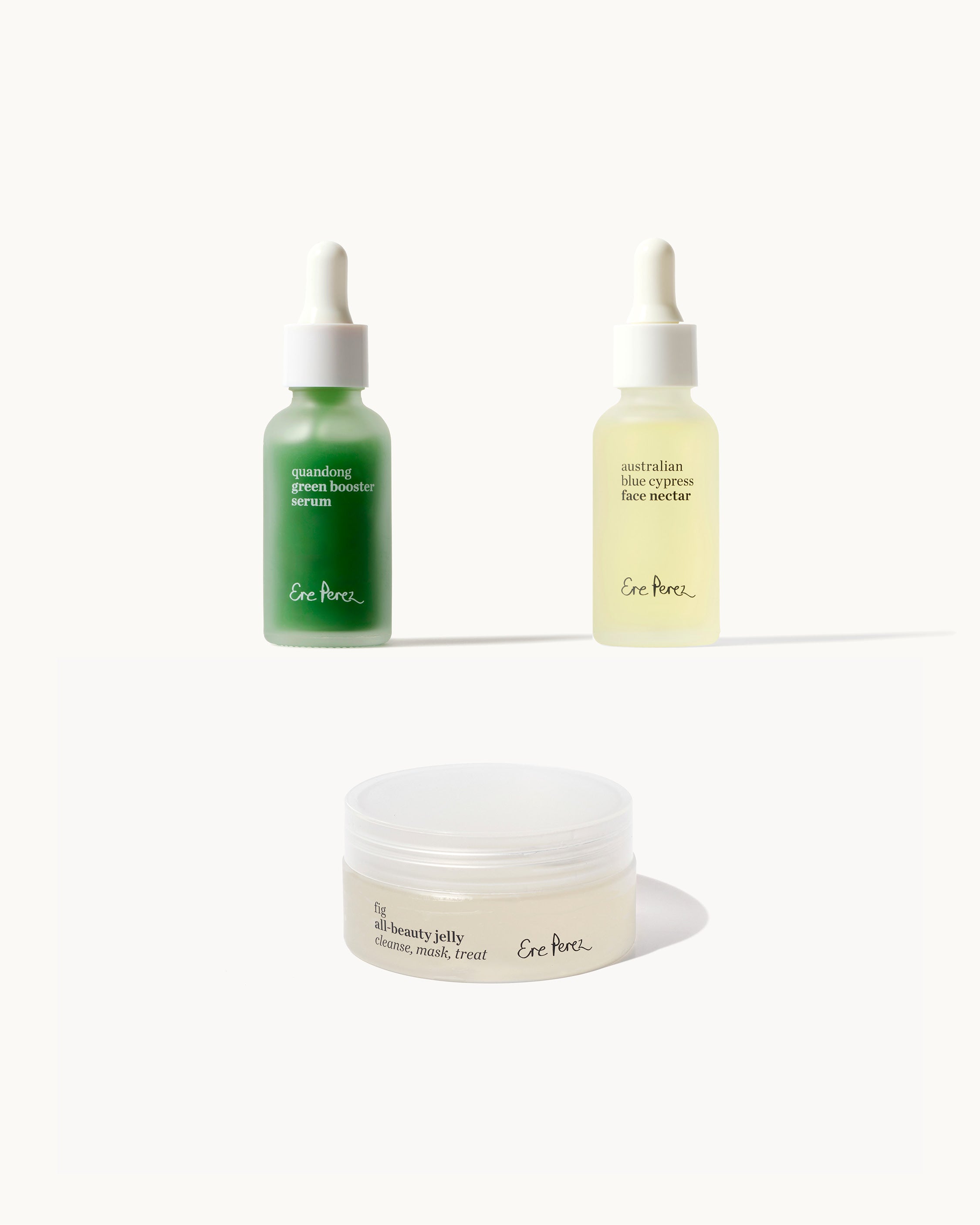 Natural discovery set combo by Ere Perez with bottle of quandong green booster serum, bottle of Australian blue cypress face nectar and fig all beauty jelly
