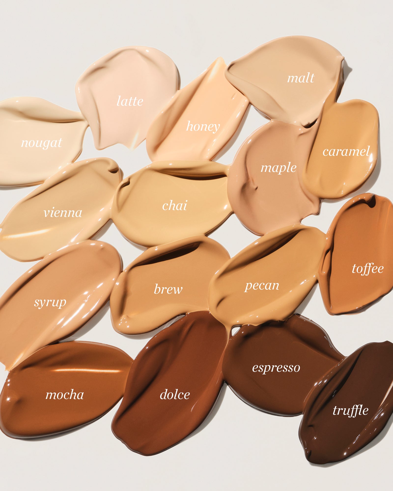 Collection of brown color swatches labeled with names on a light gray background,