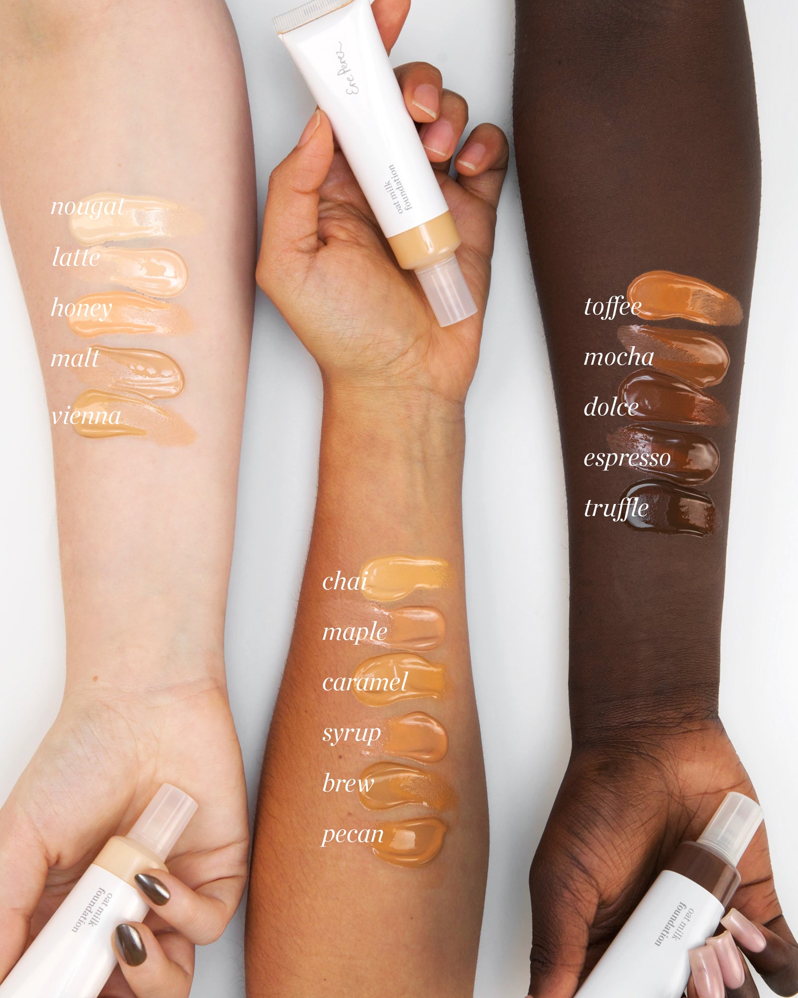 Three arms with different skin tones displaying color swatches of a cosmetic product, with text labels on a white background.