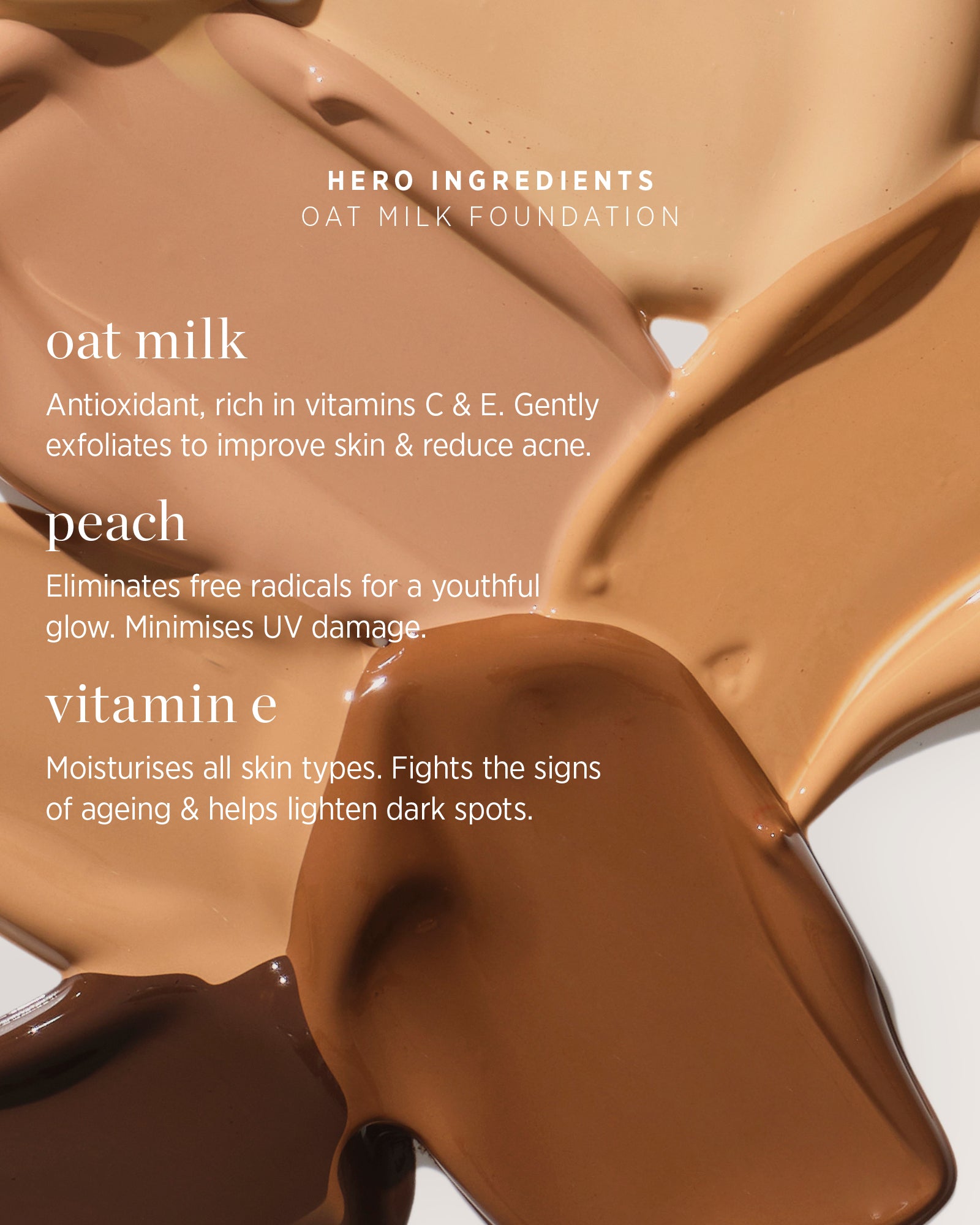 Oat milk foundation with text detailing its ingredients on a light background