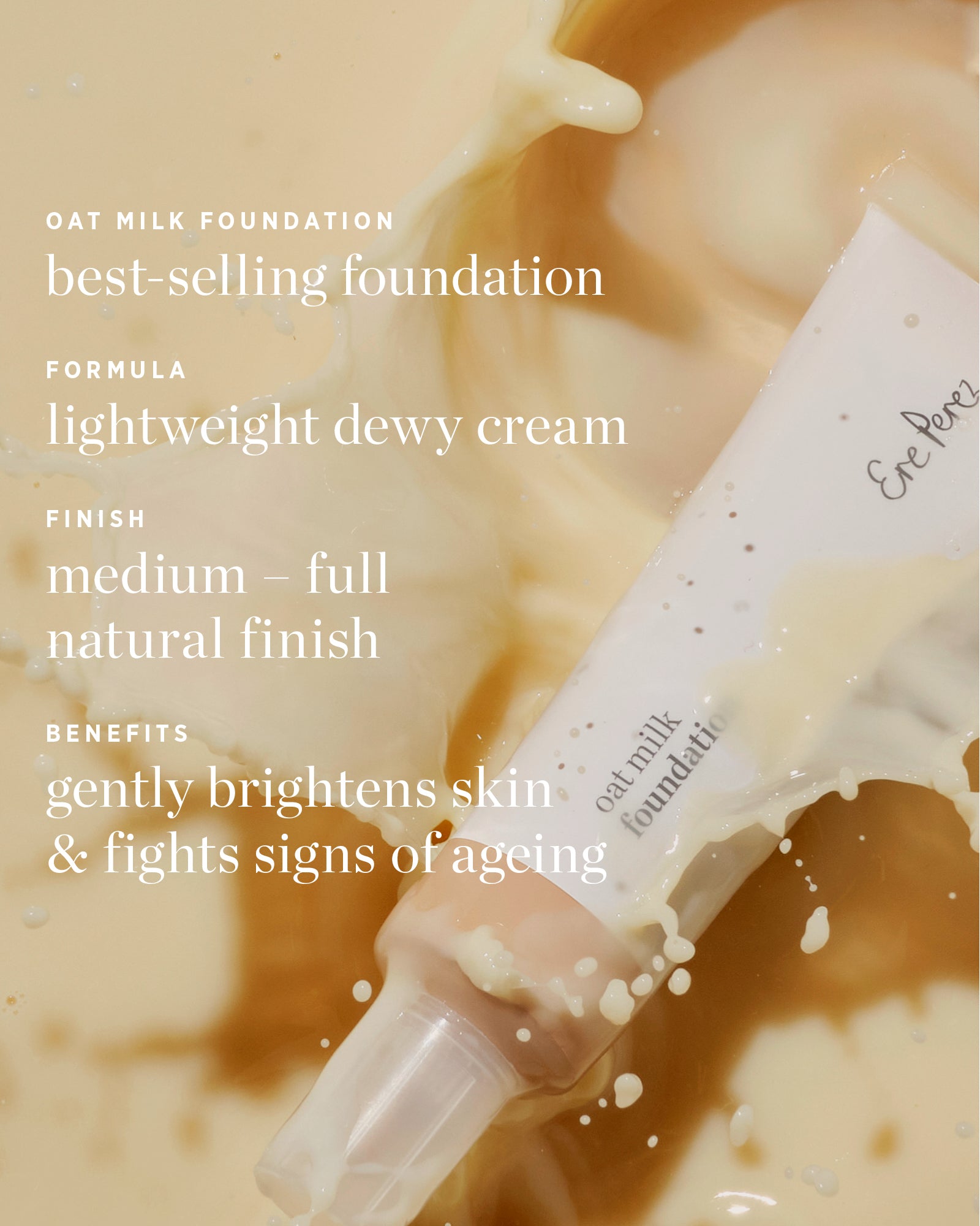 Oat milk foundation tube with product details on a beige background