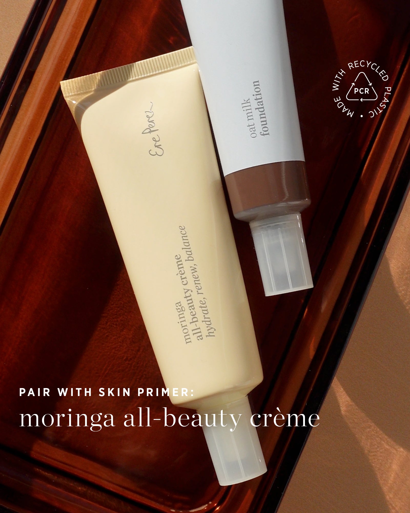 Two skincare products on a wooden surface with text indicating they pair with skin primer,