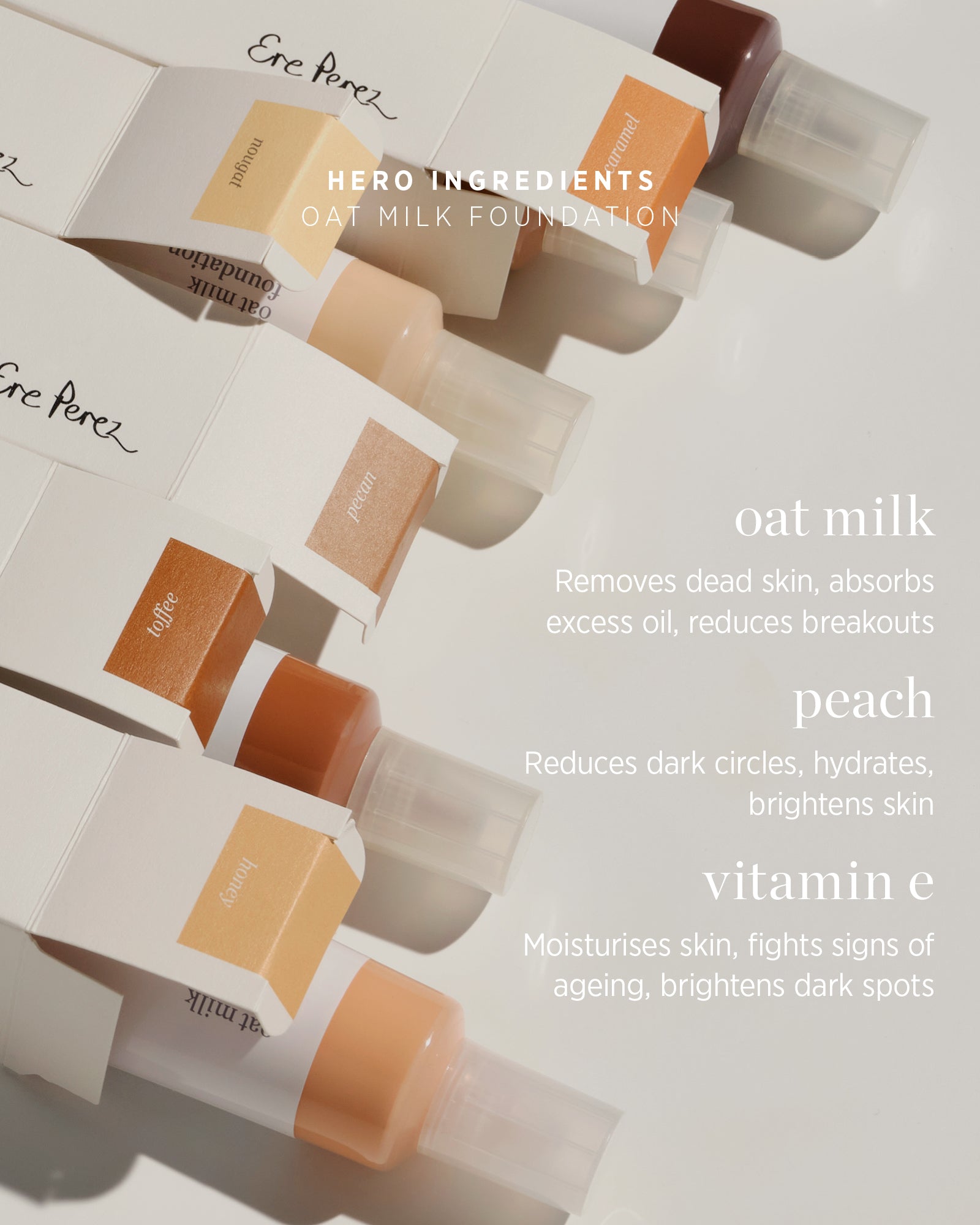 Packaging of oat milk foundation with text highlighting ingredients and benefits.