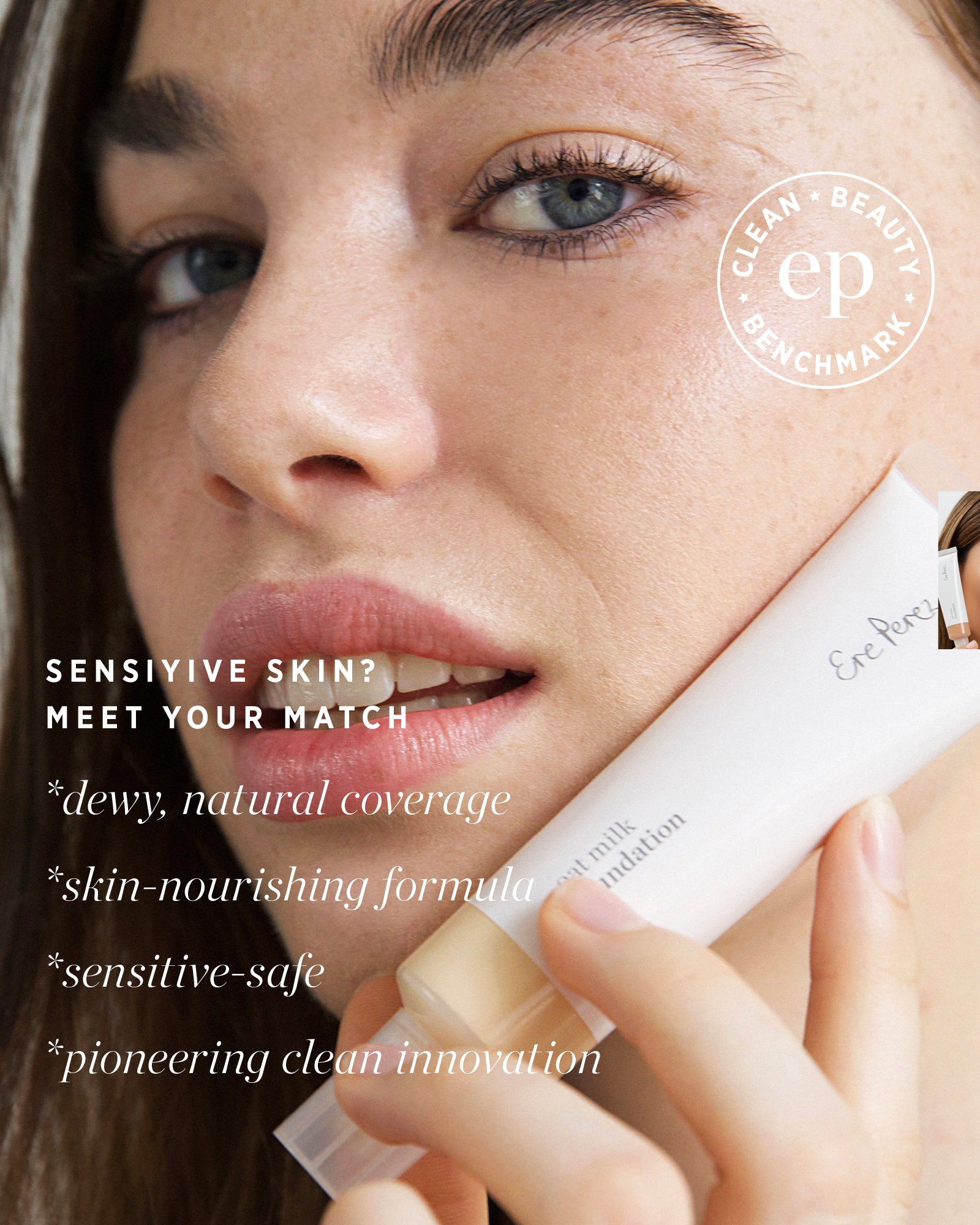 Woman holding a makeup product in the shade nougat with text about sensitive skin and product features
