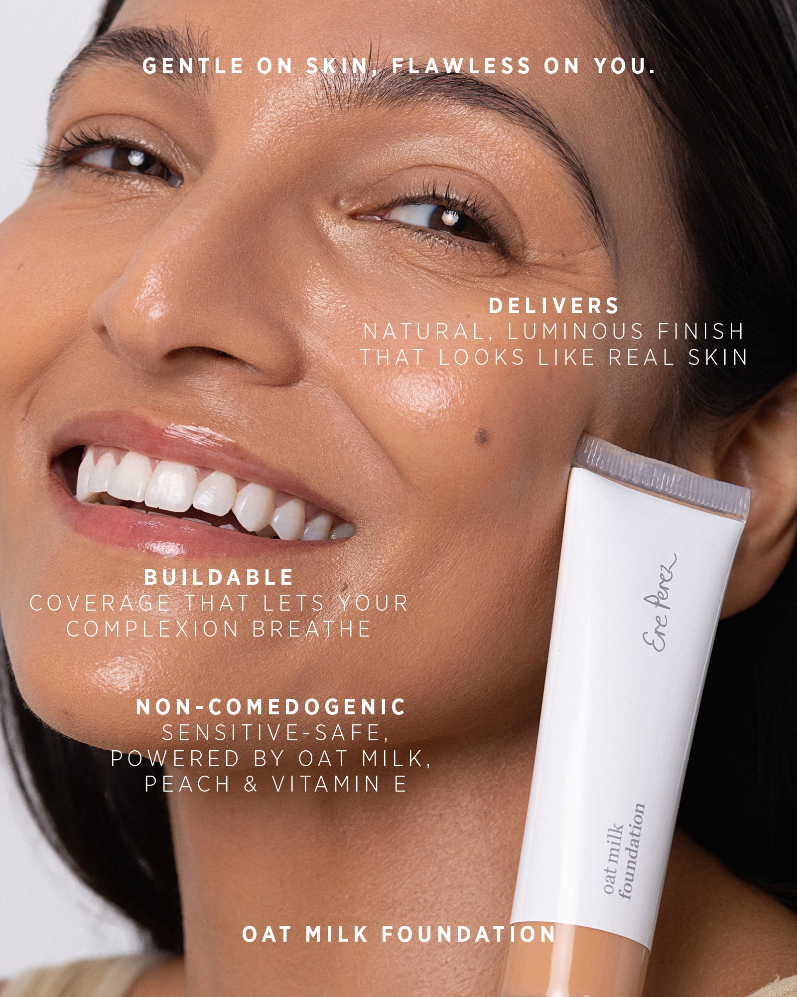 Woman with foundation and product description text on a white background,