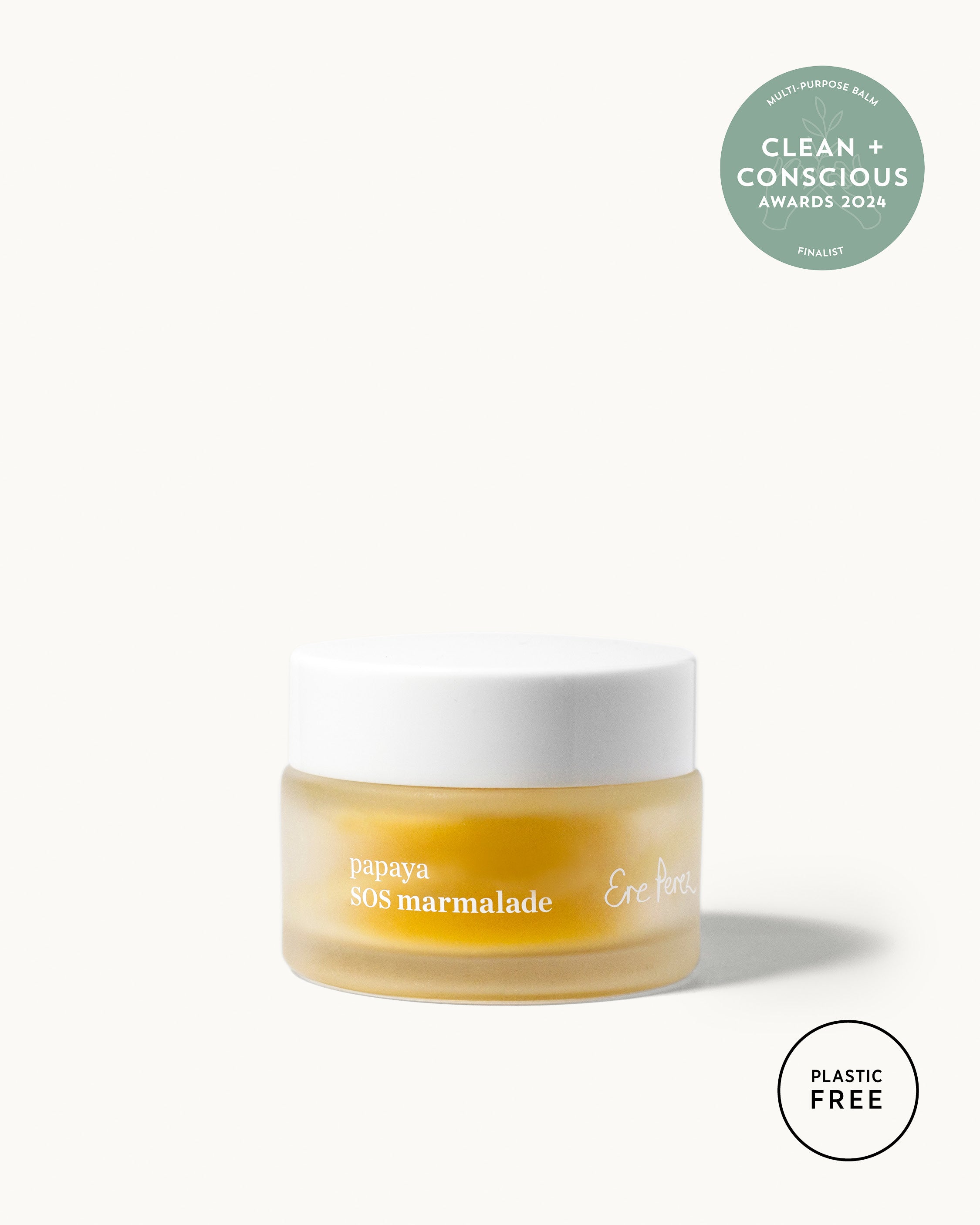 Natural Ere Perez papaya SOS marmalade in its plastic free pot finalist of the clean + conscious awards 2024 for multipurpose balm