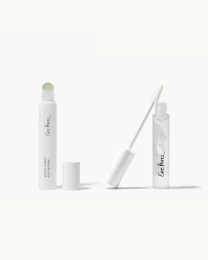 bottle of gentle grape water eye serum and tube of clear brow and lash gel