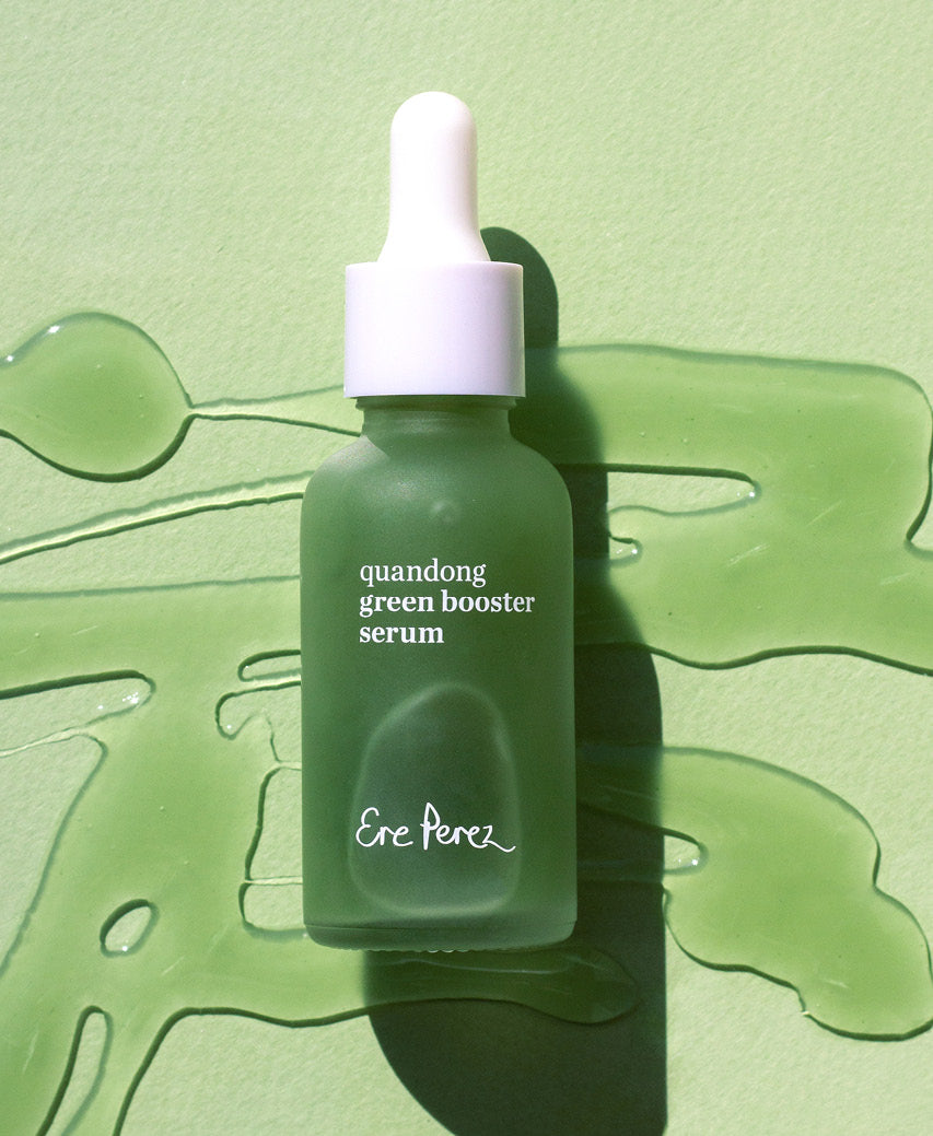 sustainable quandong green booster serum Ere Perez swatch and recyclable glass bottle