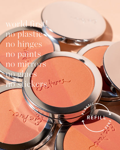 natural rice powder blush by Ere Perez worlds in its plastic-free refillable packaging, worlds first without hinges, paint, mirror, glues or stickers