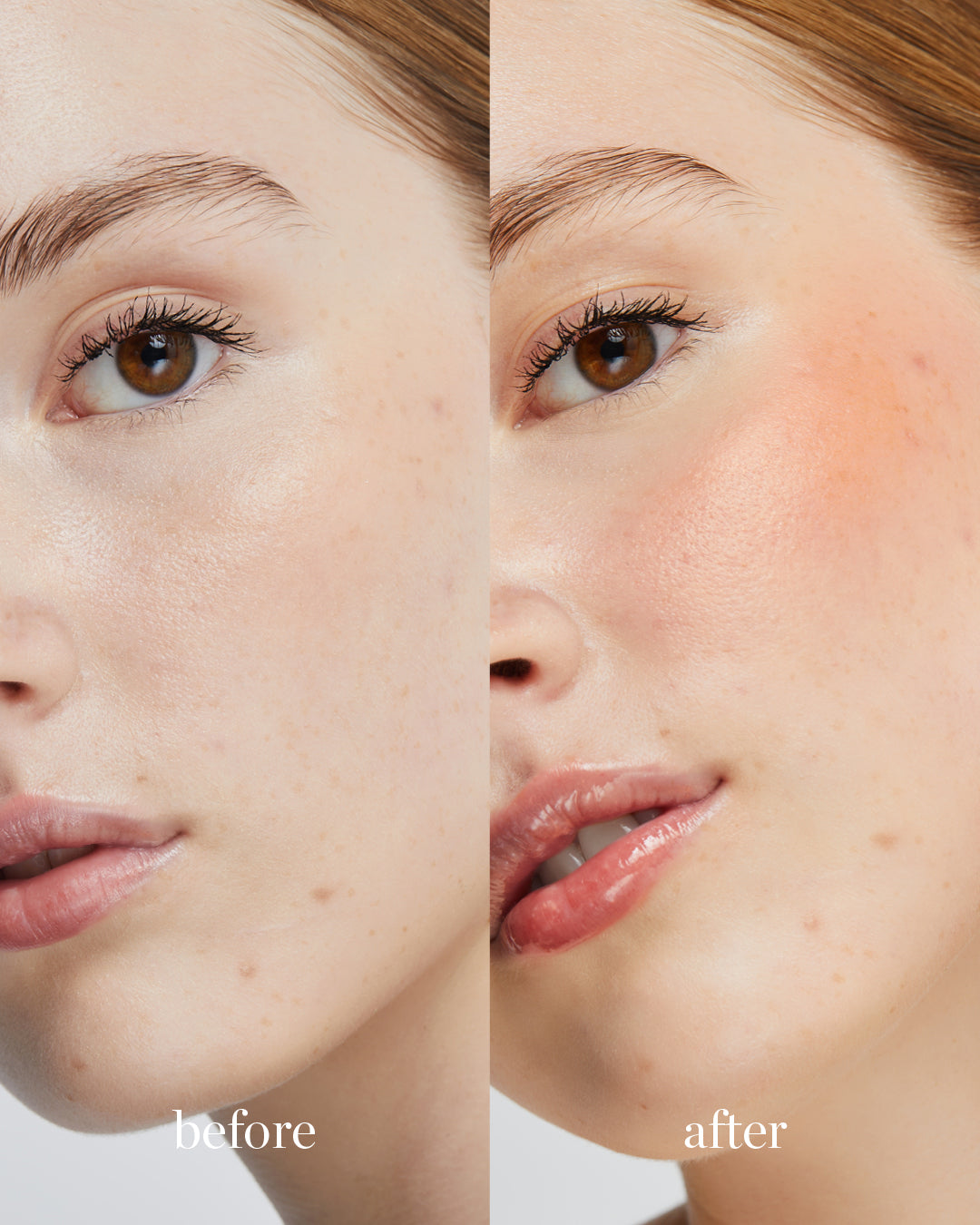 Comparison after application of natural & gentle rice powder blush for warm ocean-kissed skin