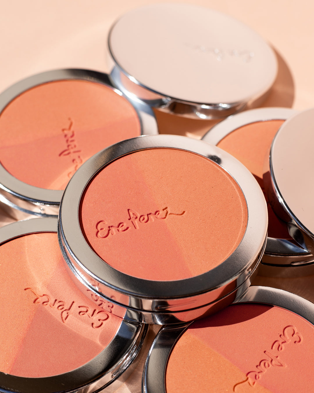 organic wheels of rice powder blush in their waste free packaging for sustainable beauty