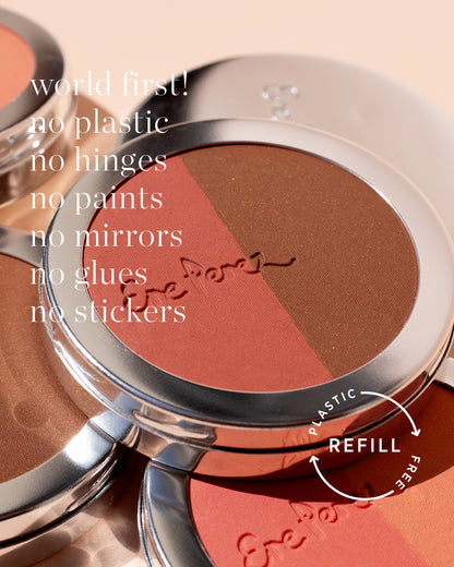 worlds first plastic-free refillable packaging with no hinges, paints, mirrors, glues or stickers.