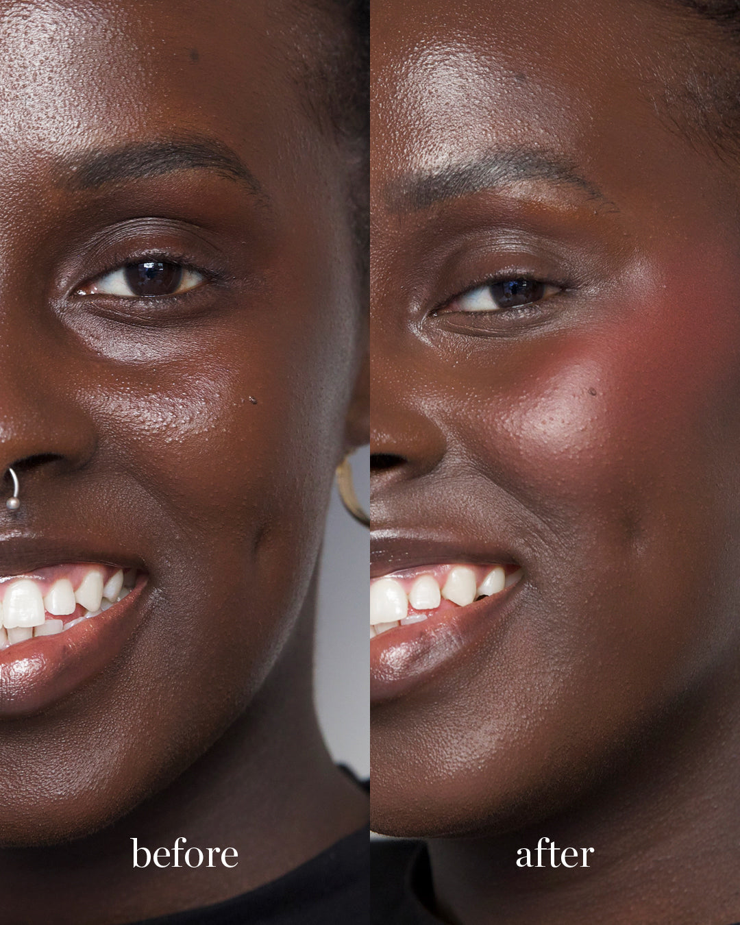 Comparison after application of rice powder blush & bronzer by Ere Perez for radiant skin