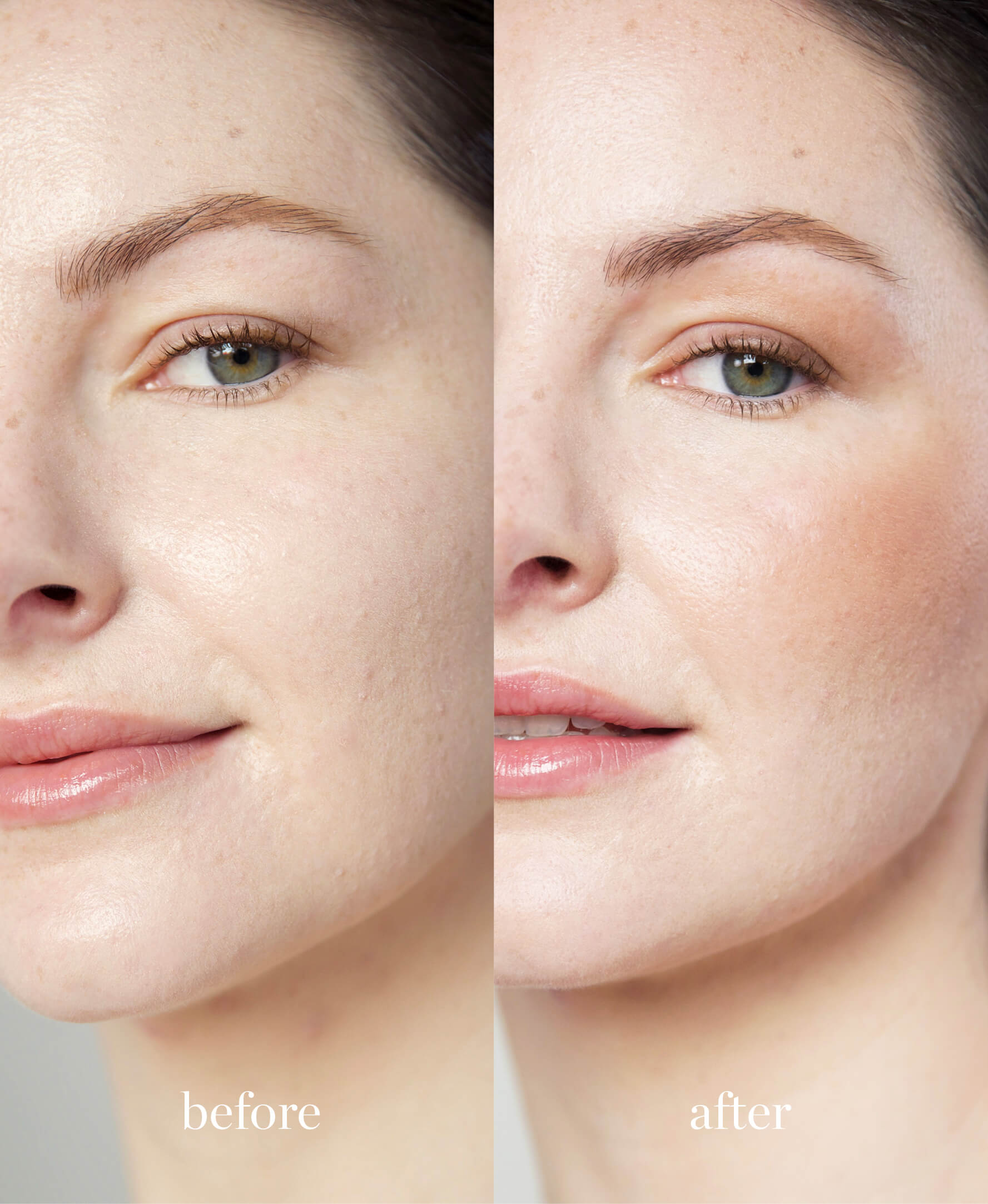 Comparison after application of rice powder blush & bronzer by Ere Perez for a sun-kissed look