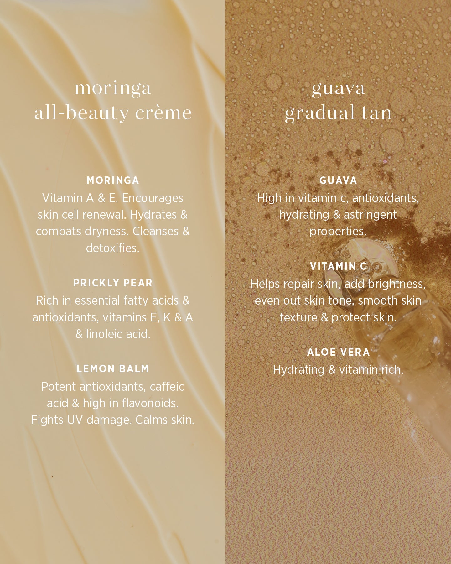 All-natural hero ingredients in moringa all-beauty crème and guava gradual tan and their main benefits